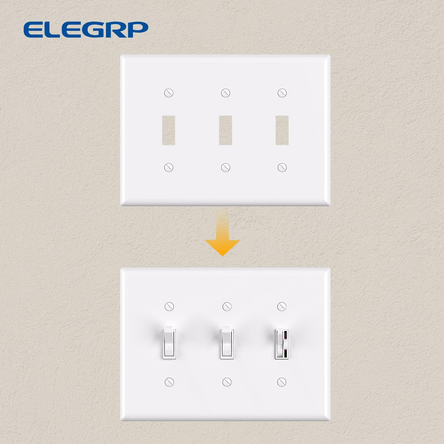 ELEGRP 3-Gang Toggle Switch Wall Plate, Mid-Size, Unbreakable Thermoplastic Cover for Toggle and Dimmer Switches, UL Listed