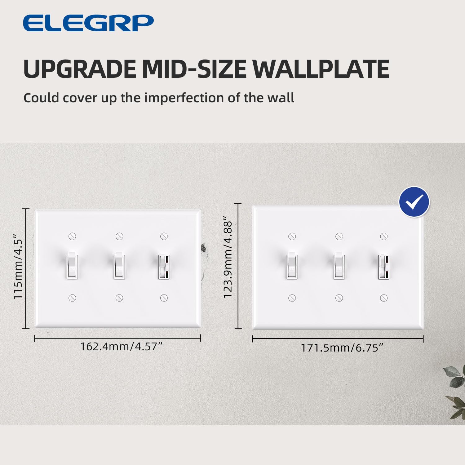 ELEGRP 3-Gang Toggle Switch Wall Plate, Mid-Size, Unbreakable Thermoplastic Cover for Toggle and Dimmer Switches, UL Listed