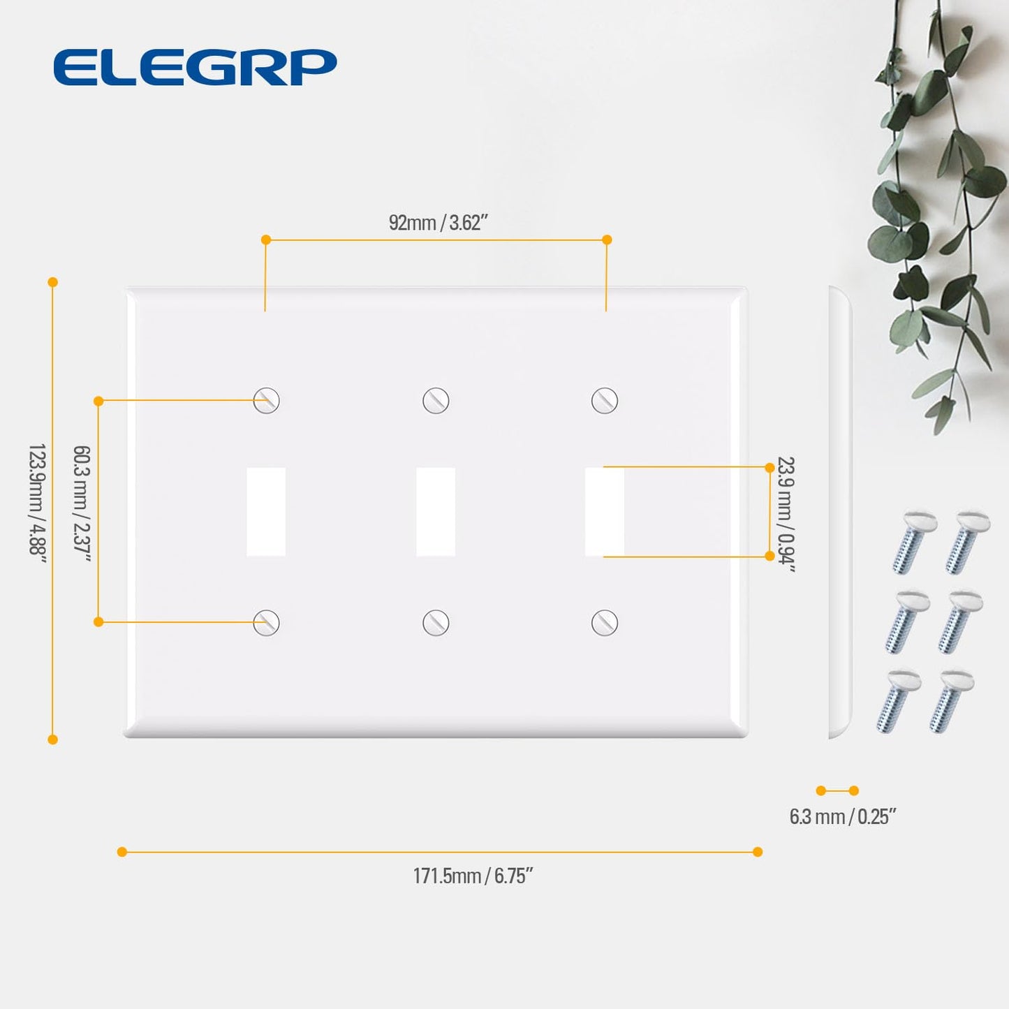 ELEGRP 3-Gang Toggle Switch Wall Plate, Mid-Size, Unbreakable Thermoplastic Cover for Toggle and Dimmer Switches, UL Listed