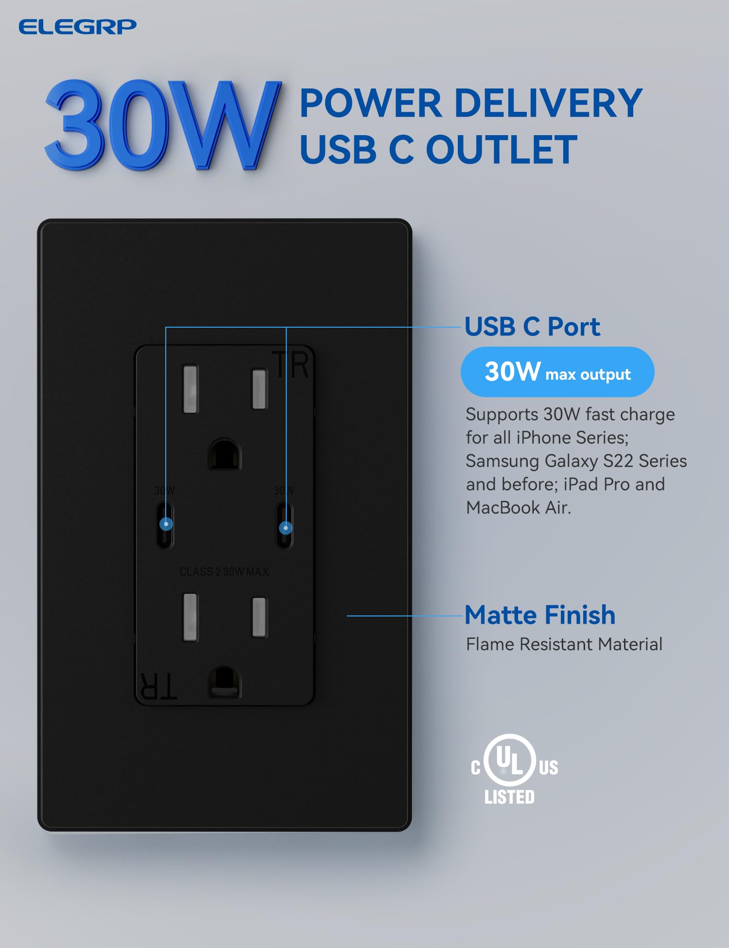 ELEGRP 30W USB Wall Outlet Receptacle, Single USB C Port Supports 30W Fast Charge