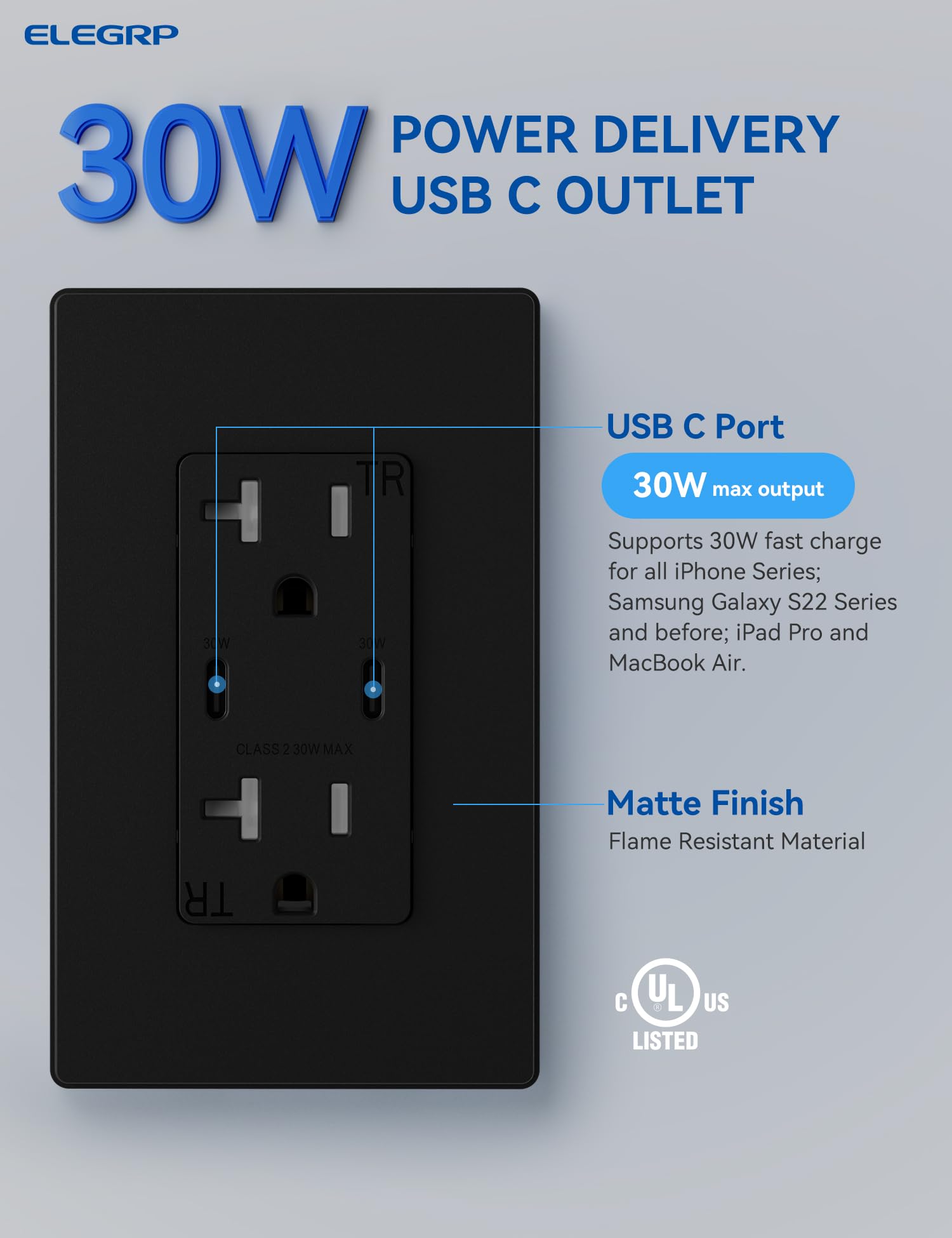 ELEGRP 30W USB Wall Outlet Receptacle, Single USB C Port Supports 30W Fast Charge