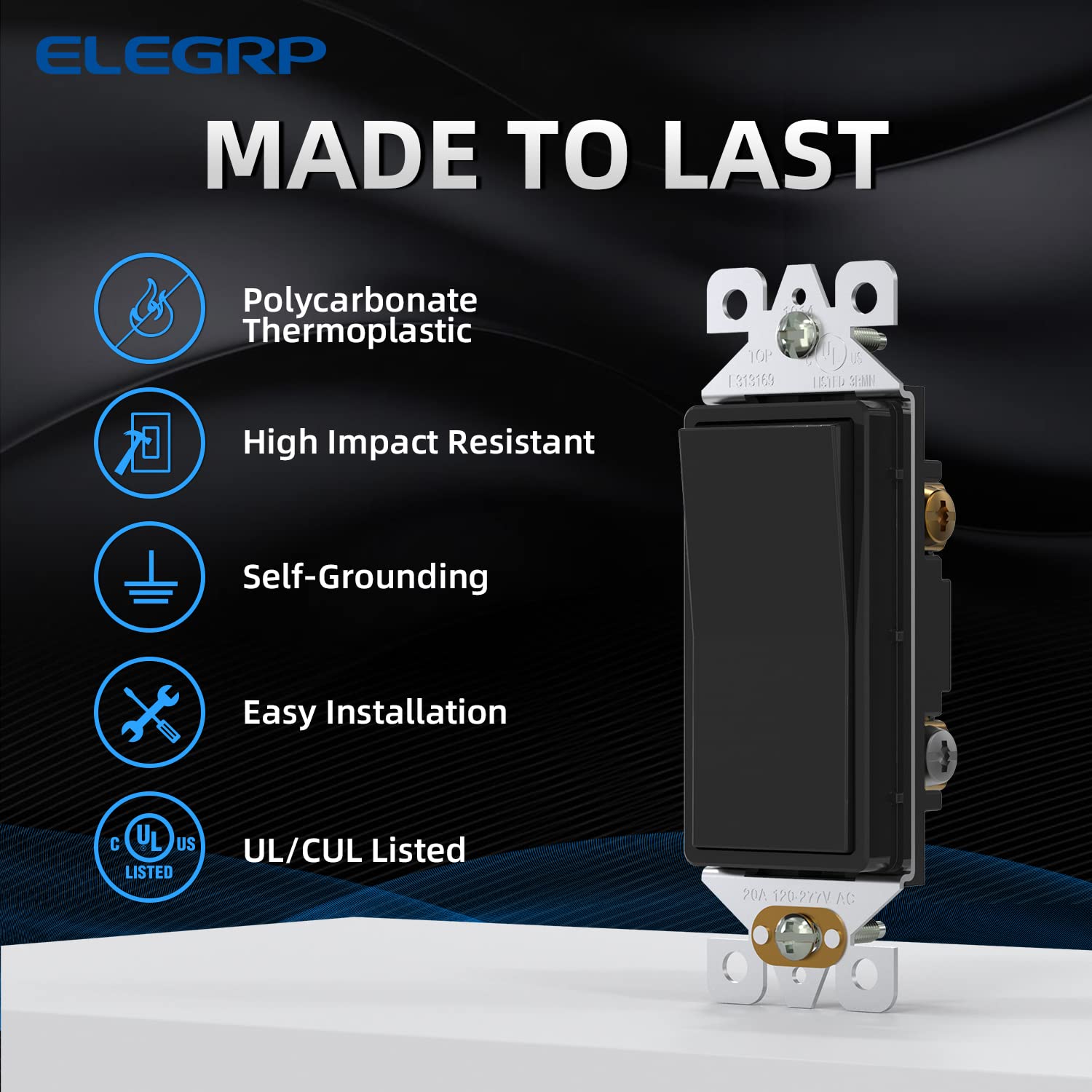 ELEGRP Decorative Light Switch, 3-Way, Self-Grounding, 15A 120-277V, UL Listed, 10 Pack