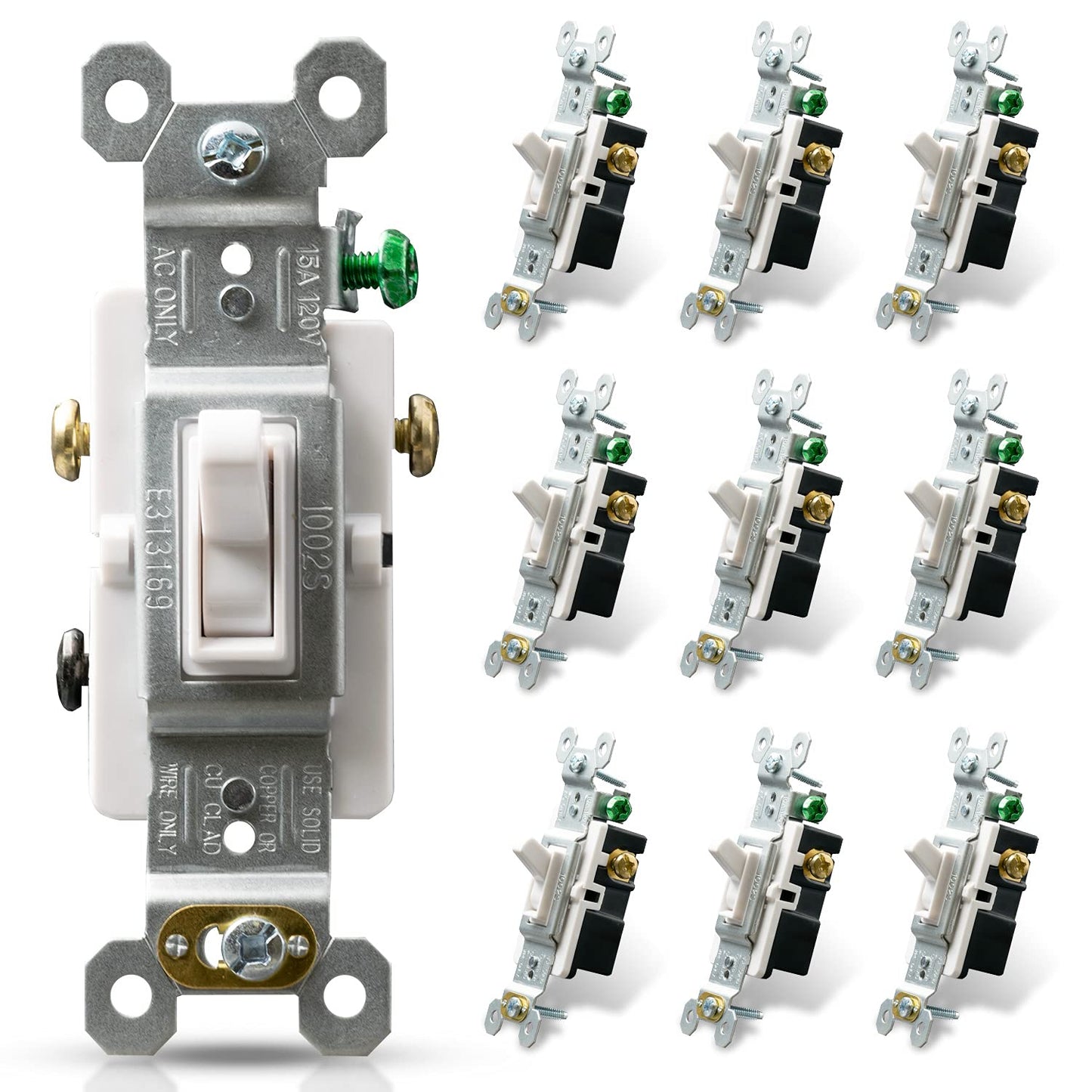 ELEGRP Standard Light Switch, Decorative Single Pole, Self-Grounding, 15A 120-277V, UL Certified, 10 Pack