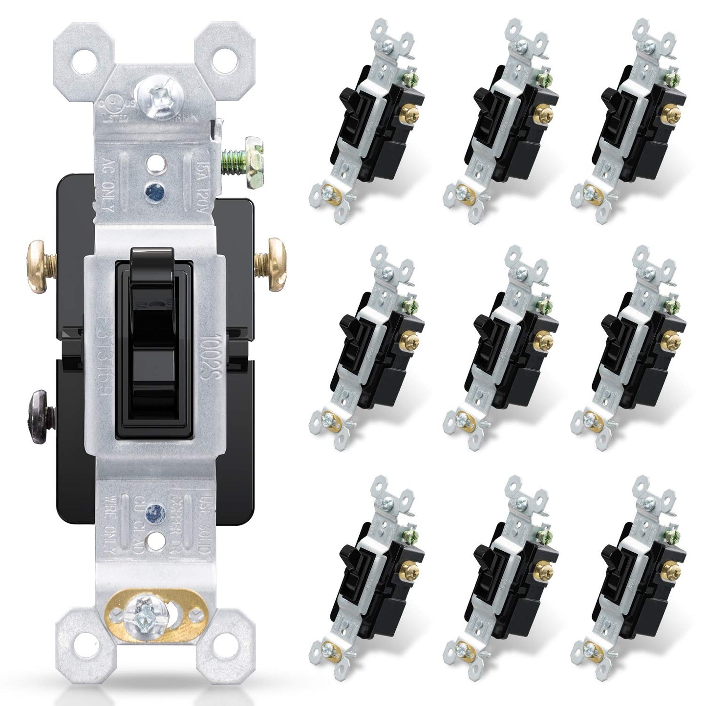 ELEGRP Standard Light Switch, Decorative Single Pole, Self-Grounding, 15A 120-277V, UL Certified, 10 Pack