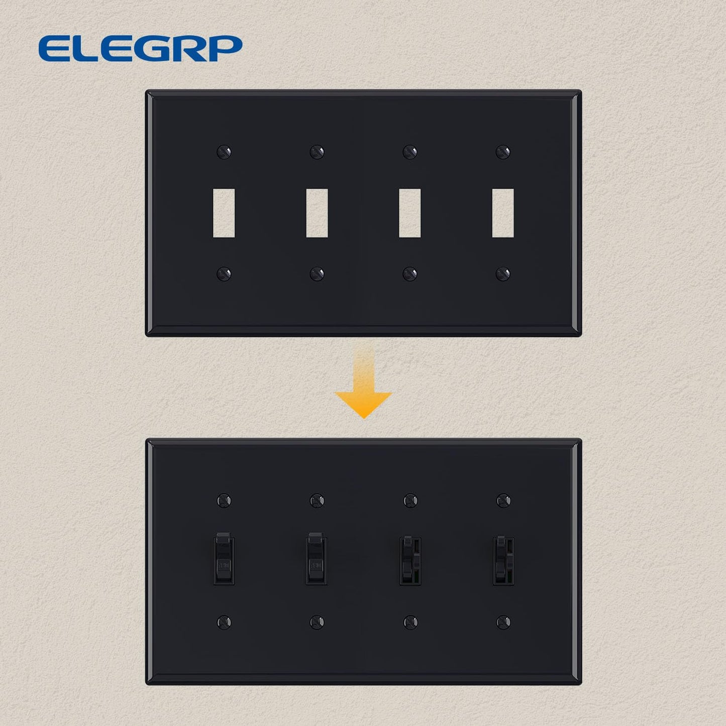 ELEGRP 4-Gang Toggle Switch Wall Plate, Mid-Size 4.88" x 8.57", Unbreakable Thermoplastic, Matte Finish, UL Listed (1 Pack)