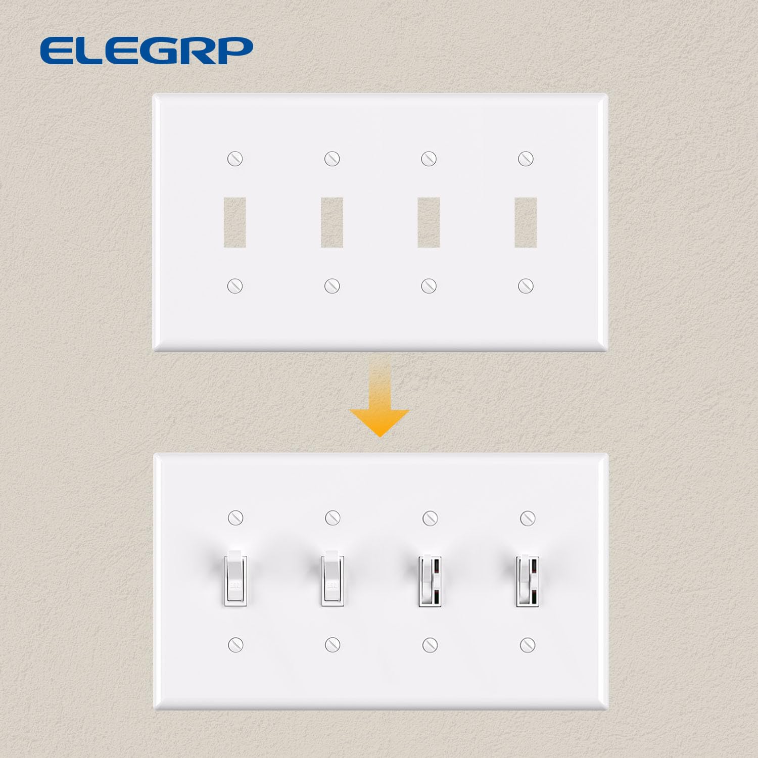 ELEGRP 4-Gang Toggle Switch Wall Plate, Mid-Size 4.88" x 8.57", Unbreakable Thermoplastic, Matte Finish, UL Listed (1 Pack)