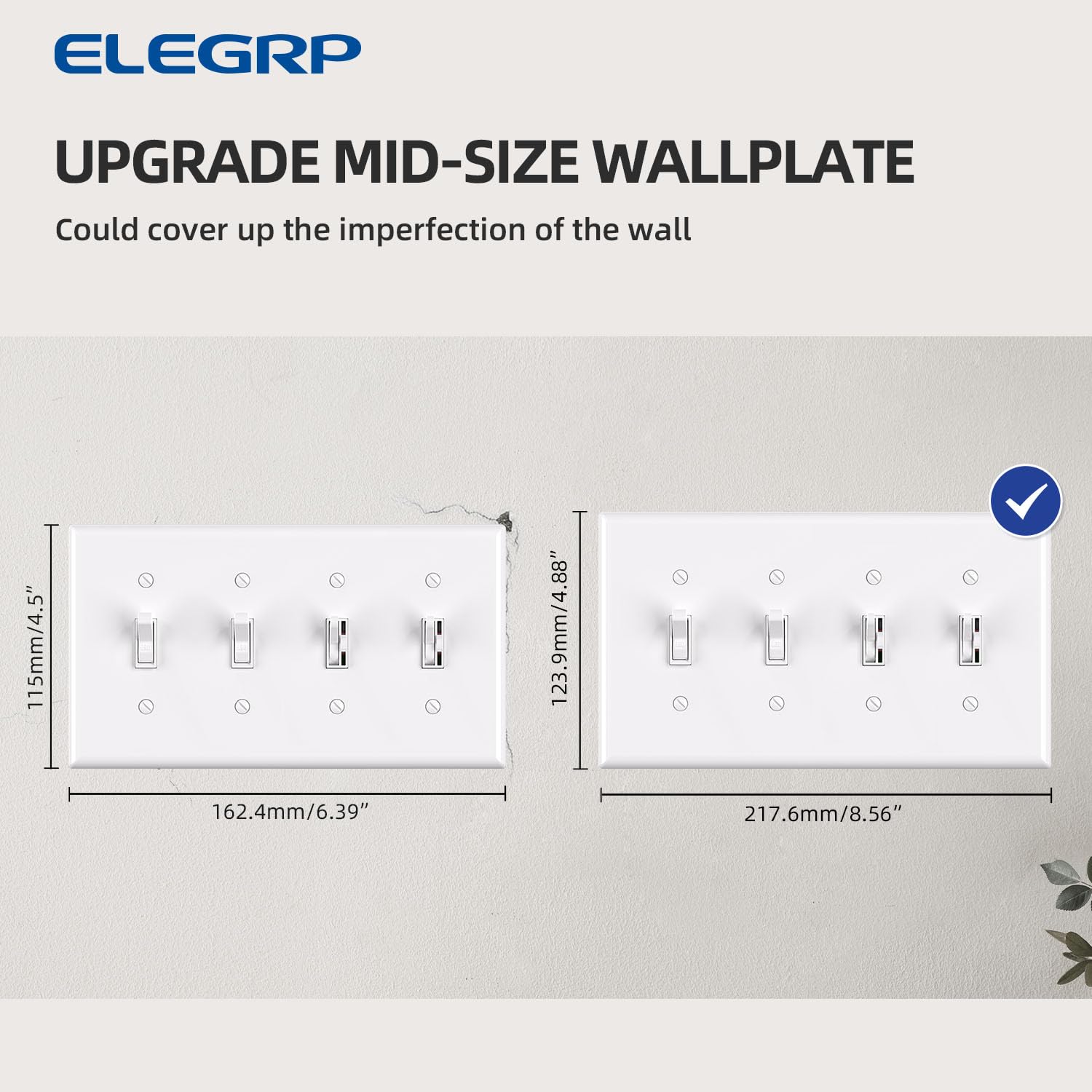ELEGRP 4-Gang Toggle Switch Wall Plate, Mid-Size 4.88" x 8.57", Unbreakable Thermoplastic, Matte Finish, UL Listed (1 Pack)