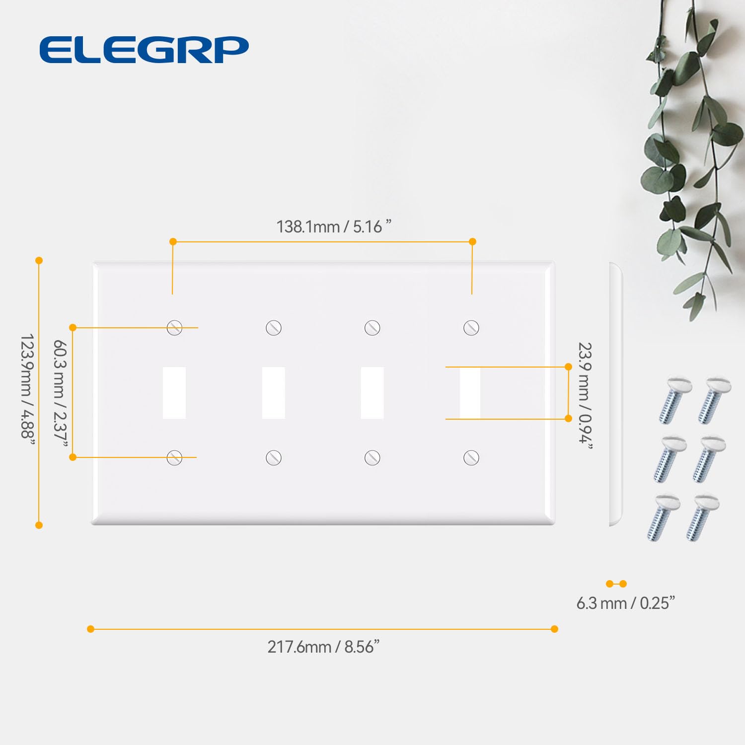 ELEGRP 4-Gang Toggle Switch Wall Plate, Mid-Size 4.88" x 8.57", Unbreakable Thermoplastic, Matte Finish, UL Listed (1 Pack)