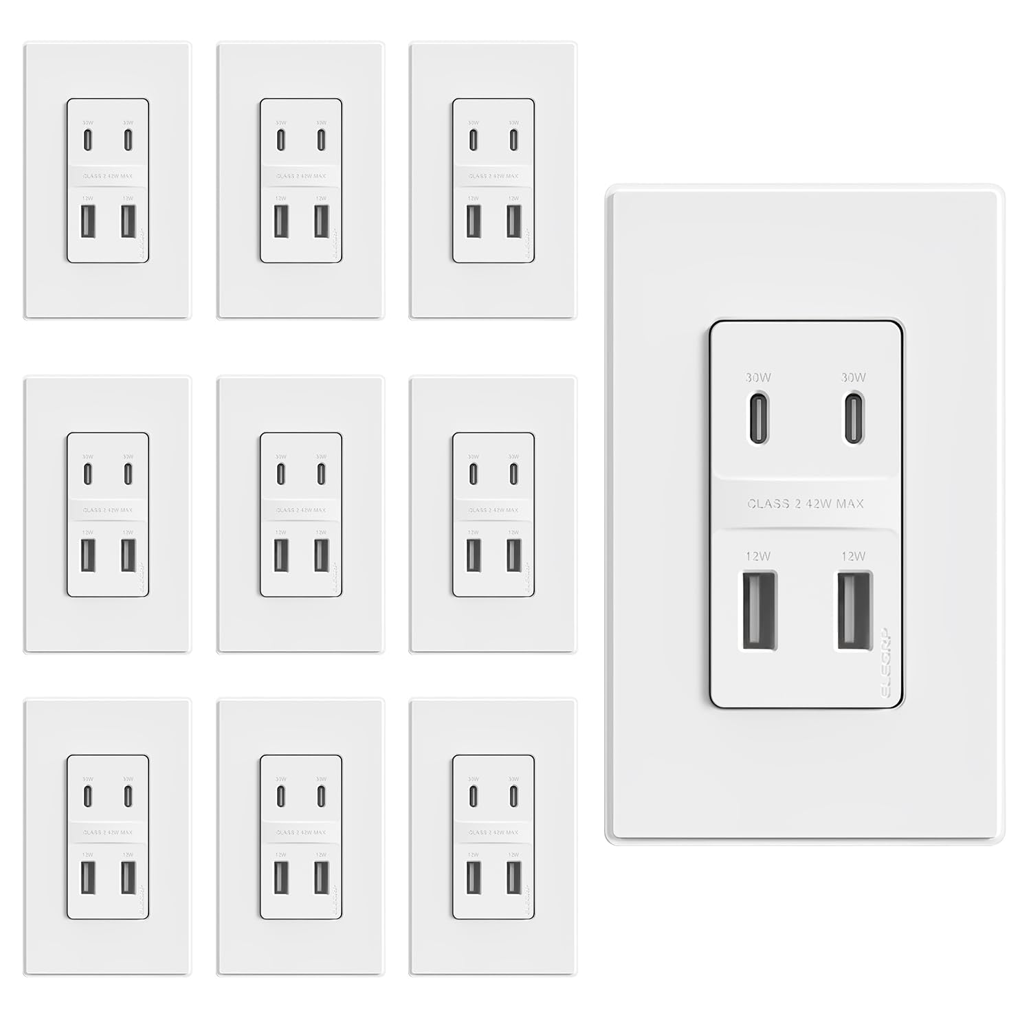 ELEGRP USB Wall Outlet, 4-Port 42W Fast Charger with Dual USB-C and Dual USB-A Ports, PD 3.0 & QC 3.0 Support, Screwless Wall Plate Included, UL Listed