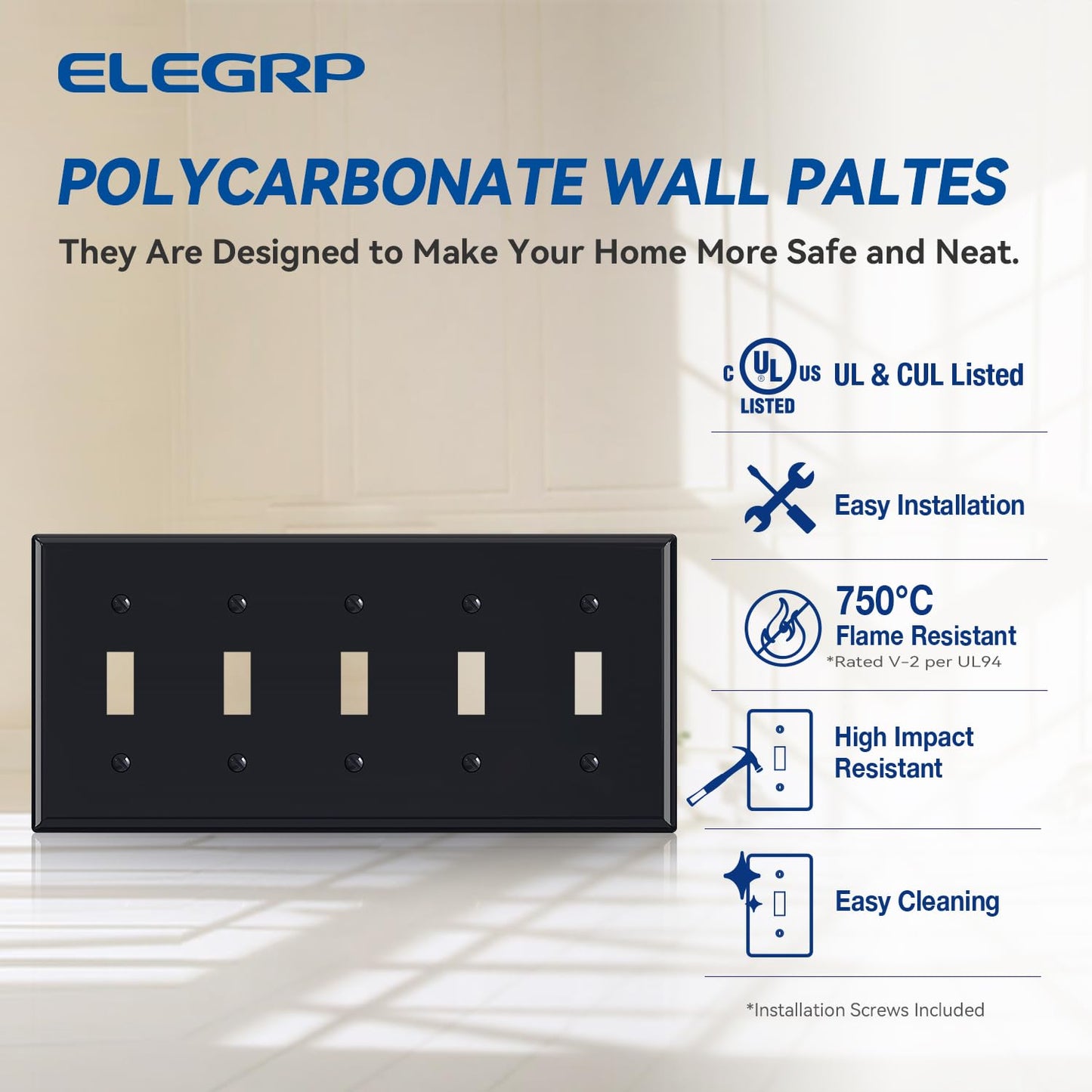 ELEGRP 5-Gang Toggle Switch Wall Plate, Standard Size 4.52" x 10.03", Unbreakable Thermoplastic, Matte Finish, UL Listed (1 Pack)