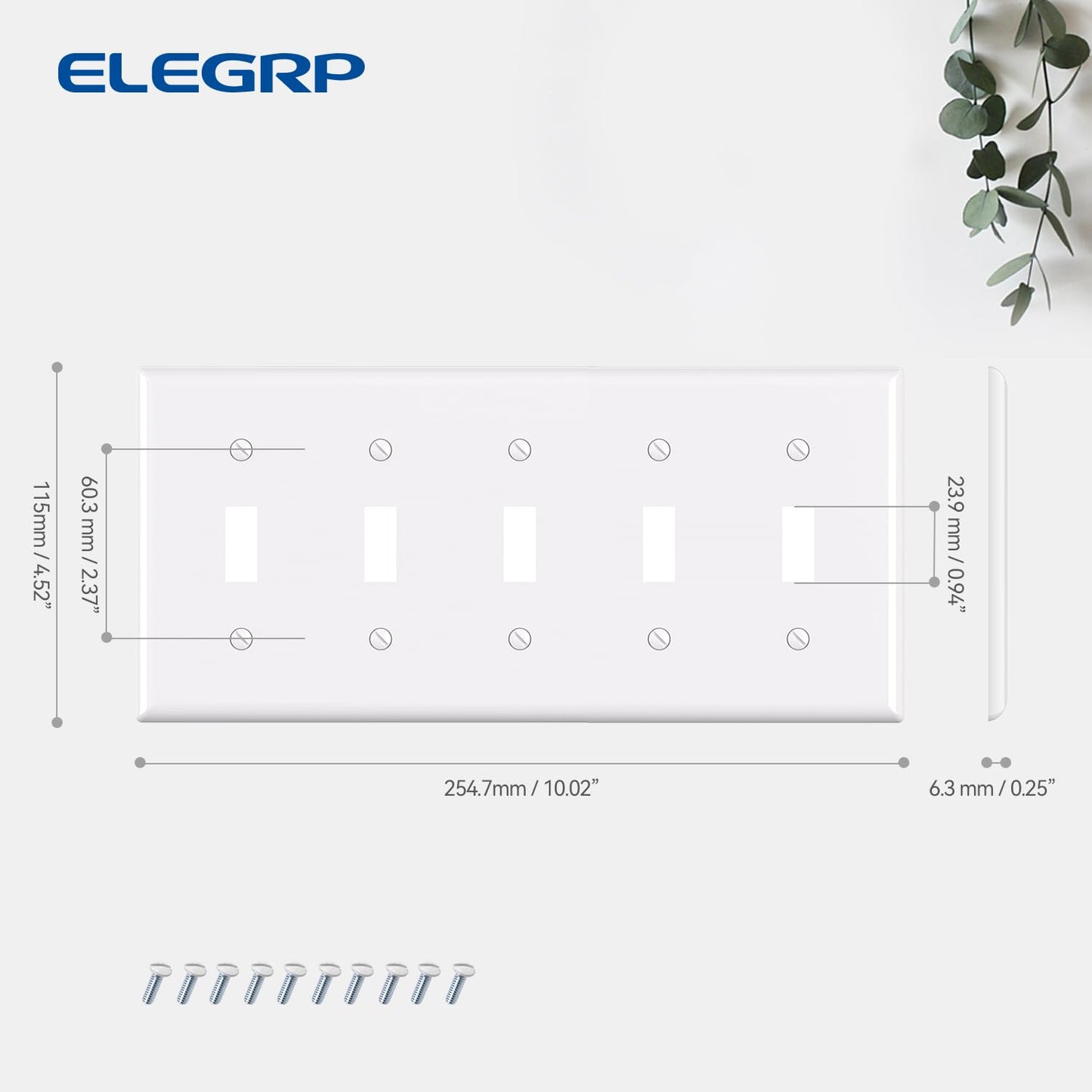 ELEGRP 5-Gang Toggle Switch Wall Plate, Standard Size 4.52" x 10.03", Unbreakable Thermoplastic, Matte Finish, UL Listed (1 Pack)