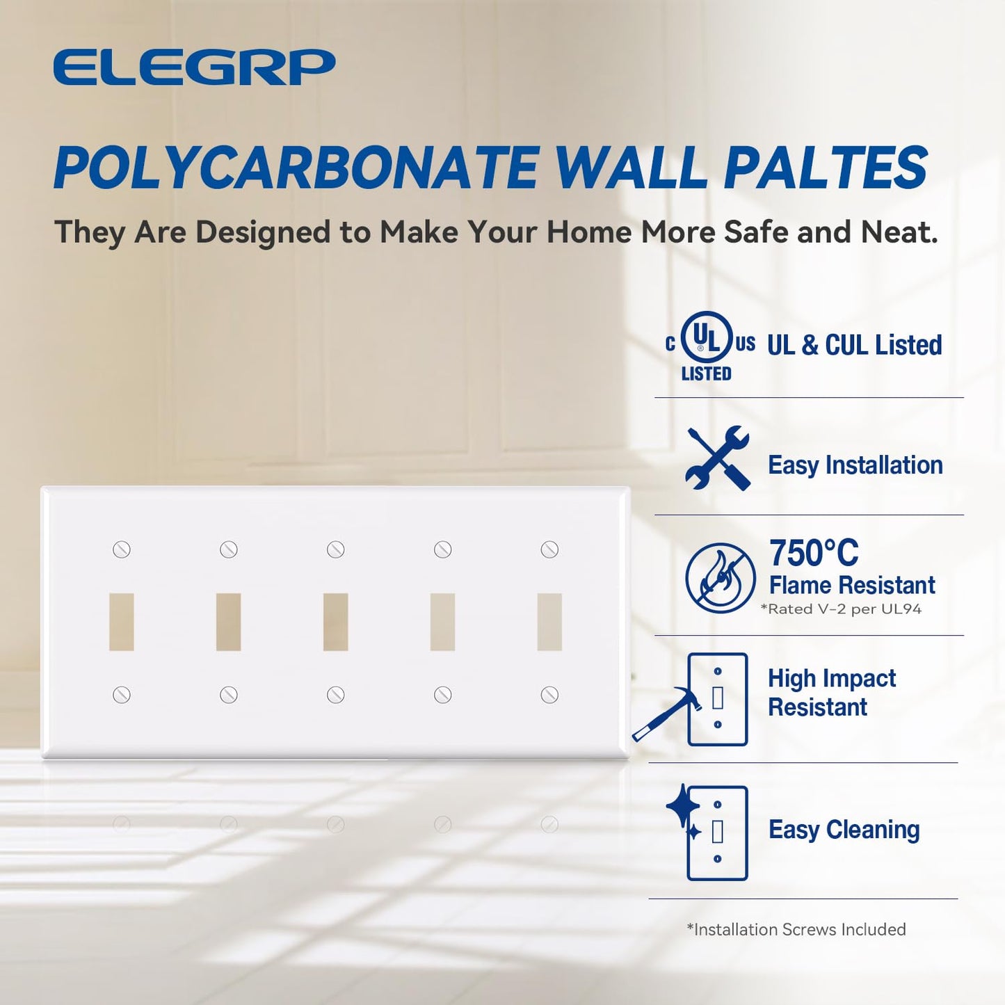 ELEGRP 5-Gang Toggle Switch Wall Plate, Standard Size 4.52" x 10.03", Unbreakable Thermoplastic, Matte Finish, UL Listed (1 Pack)