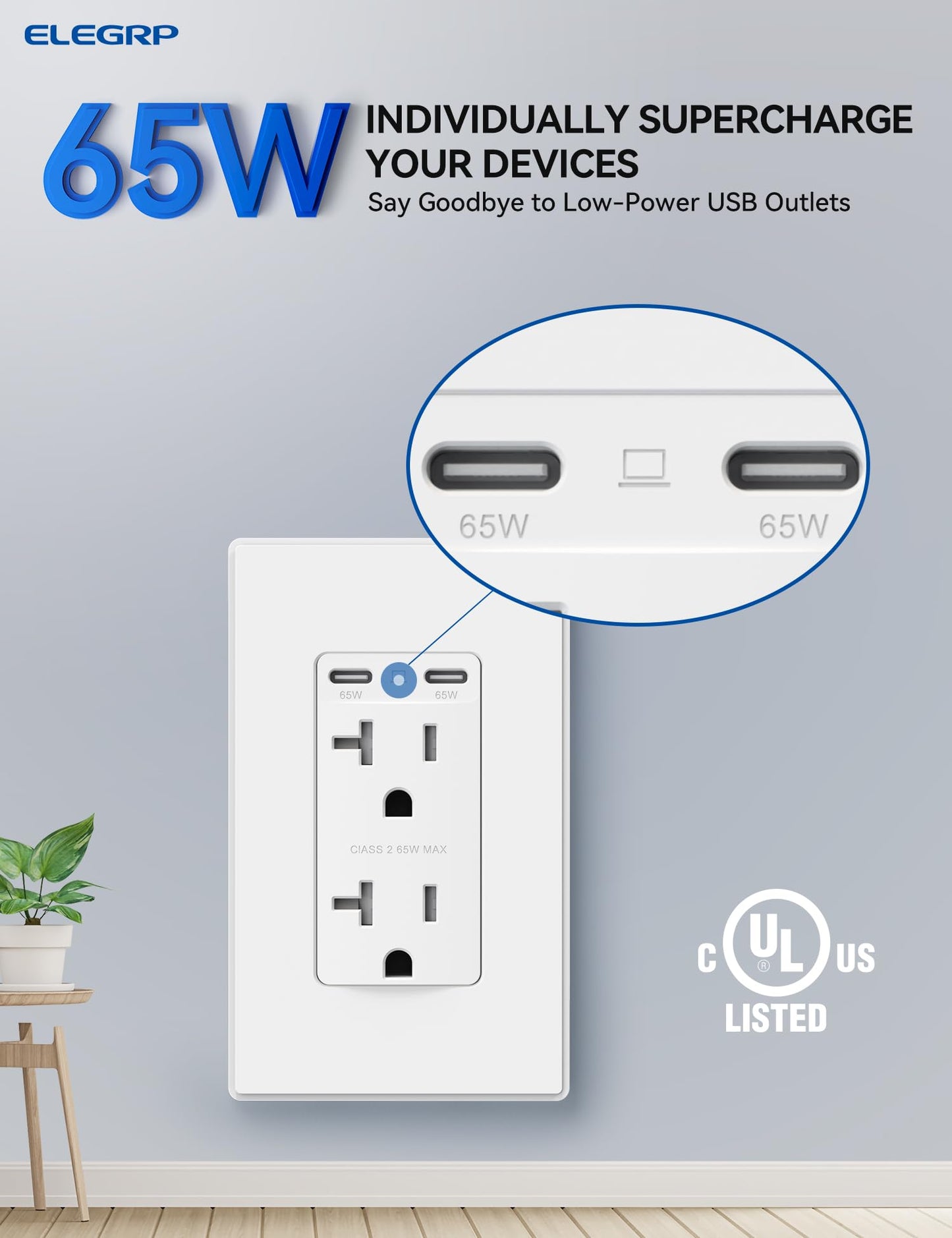 ELEGRP 65W USB-C Outlet Receptacle, Dual USB-C Ports, Ultra-Fast Charging, Tamper-Resistant, Wall Plate Included