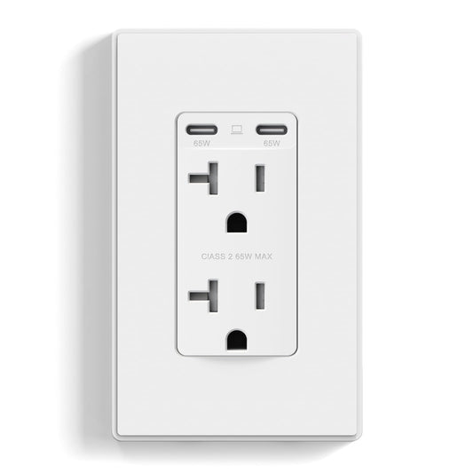 ELEGRP 65W USB-C Outlet Receptacle, Dual USB-C Ports, Ultra-Fast Charging, Tamper-Resistant, Wall Plate Included
