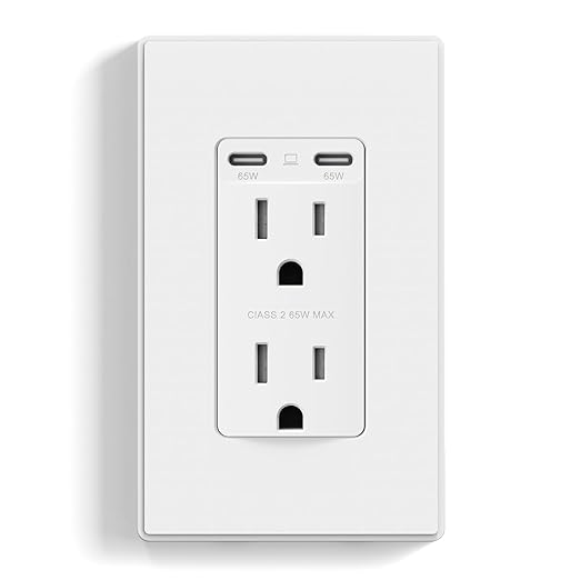 ELEGRP 65W USB-C Outlet Receptacle, Dual USB-C Ports, Ultra-Fast Charging, Tamper-Resistant, Wall Plate Included