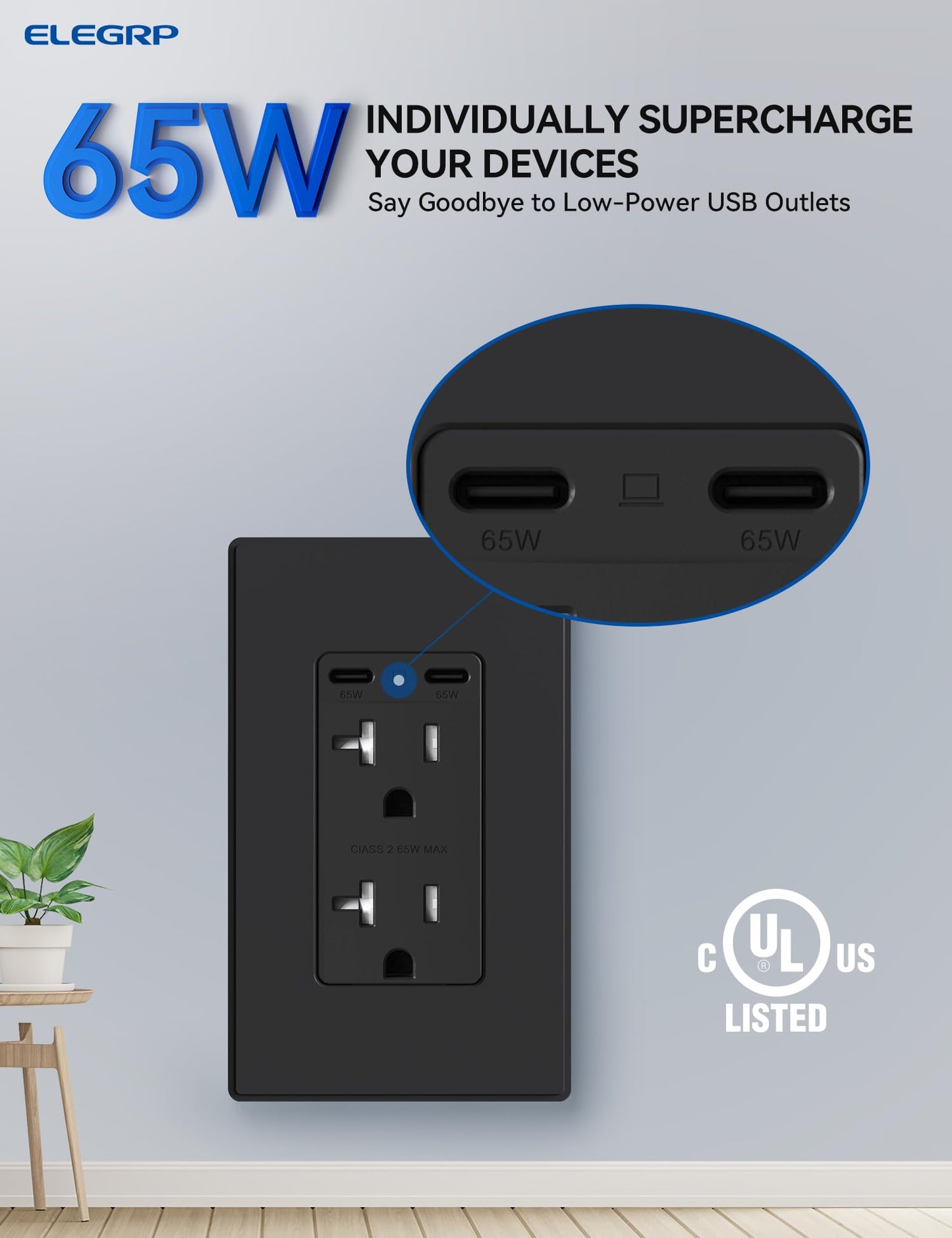 ELEGRP 65W USB-C Outlet Receptacle, Dual USB-C Ports, Ultra-Fast Charging, Tamper-Resistant, Wall Plate Included