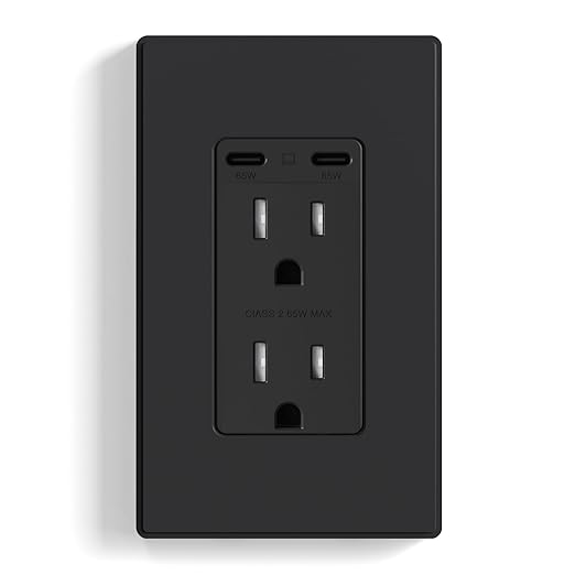 ELEGRP 65W USB-C Outlet Receptacle, Dual USB-C Ports, Ultra-Fast Charging, Tamper-Resistant, Wall Plate Included