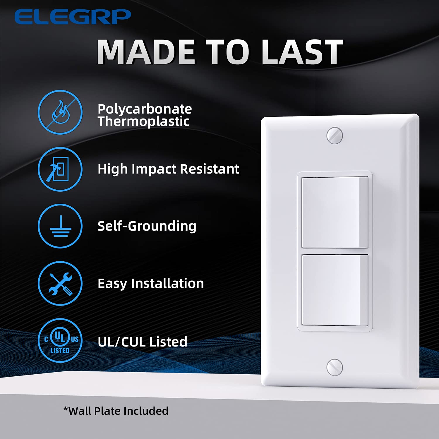 ELEGRP Decorator Double Rocker Light Switch, Two Single Pole Electrical Paddle Switches, 15A 125V, Self-Grounding, Wall Plate Included, UL Listed