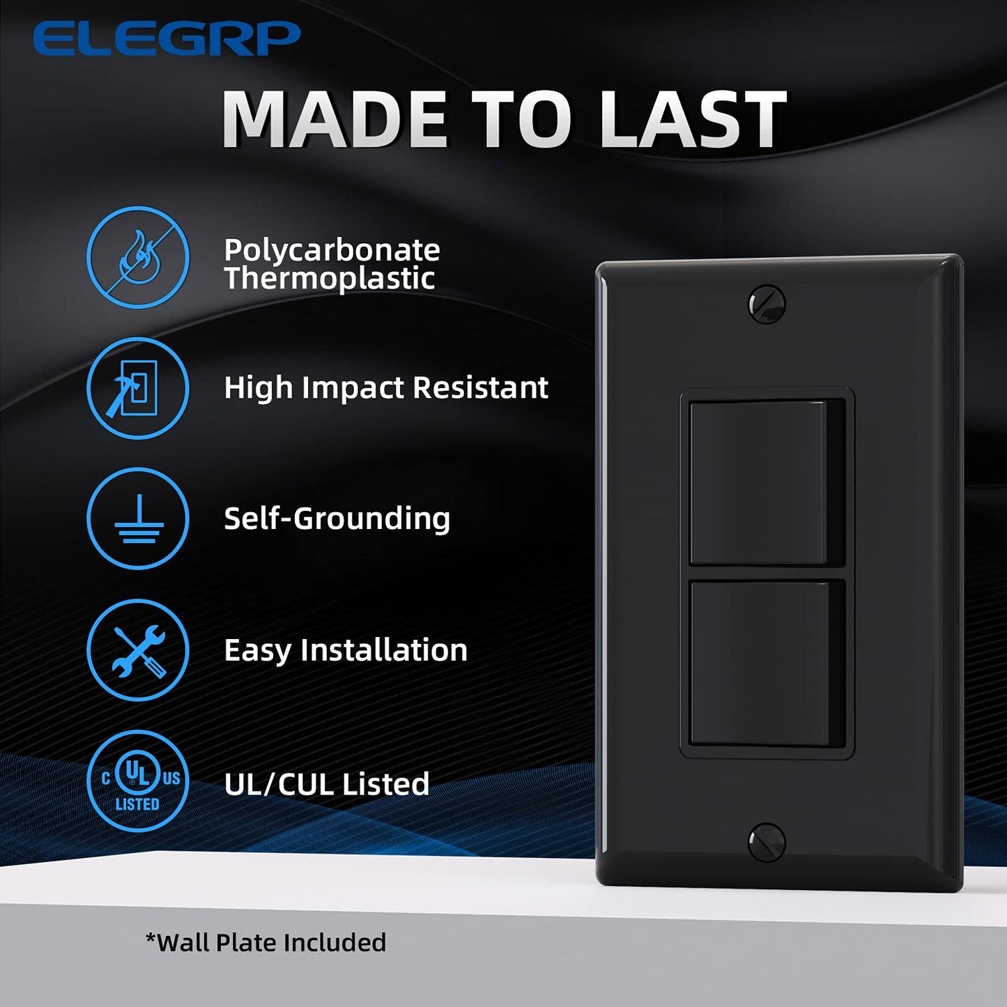 ELEGRP Decorator Double Rocker Light Switch, Two Single Pole Electrical Paddle Switches, 15A 125V, Self-Grounding, Wall Plate Included, UL Listed