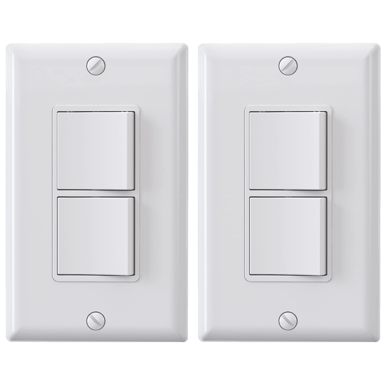 ELEGRP Decorator Double Rocker Light Switch, Two Single Pole Electrical Paddle Switches, 15A 125V, Self-Grounding, Wall Plate Included, UL Listed