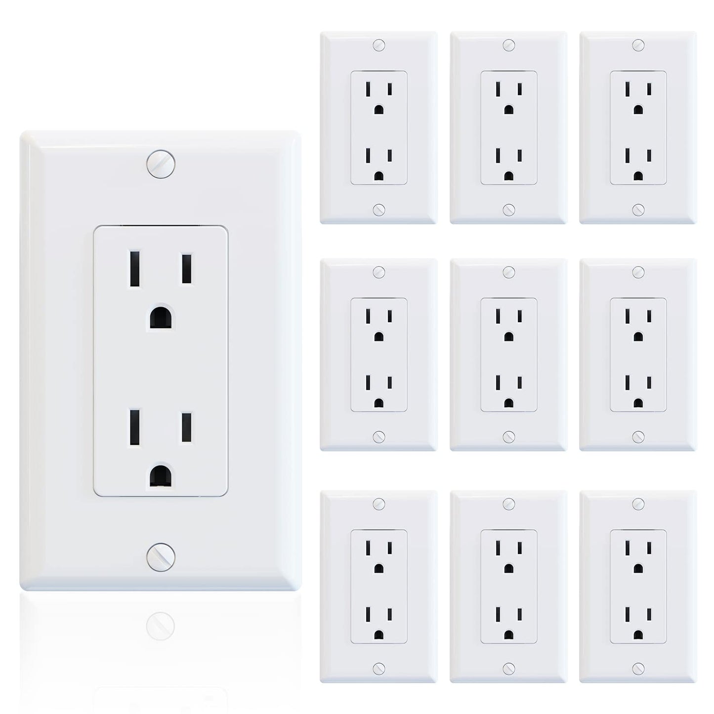 ELEGRP Decorator Receptacle, 15A 125V Standard Electrical Outlet, 2 Pole 3 Wire, Non-Tamper Resistant, Self-Grounding, NEMA 5-15R (10 Pack)