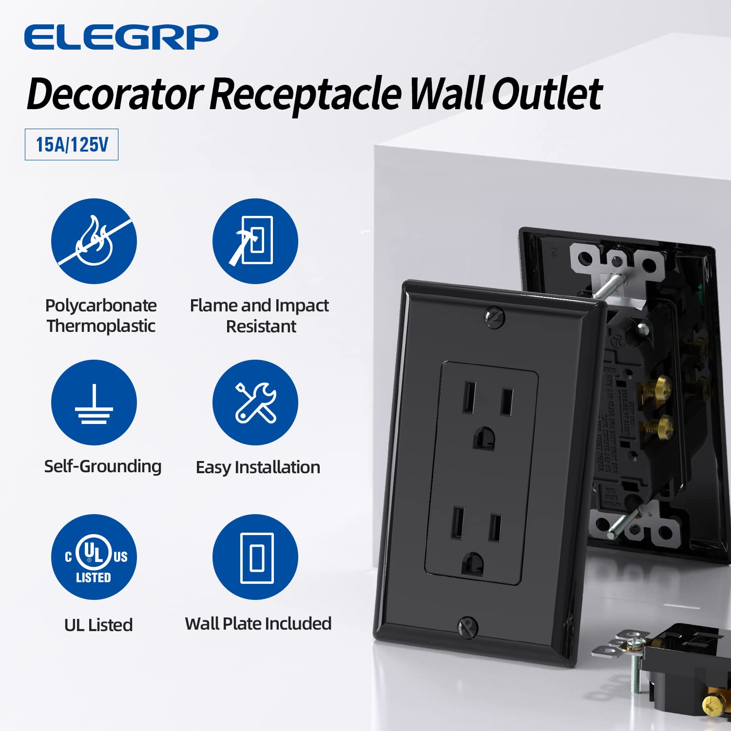 ELEGRP Decorator Receptacle, 15A 125V Standard Electrical Outlet, 2 Pole 3 Wire, Non-Tamper Resistant, Self-Grounding, NEMA 5-15R (10 Pack)