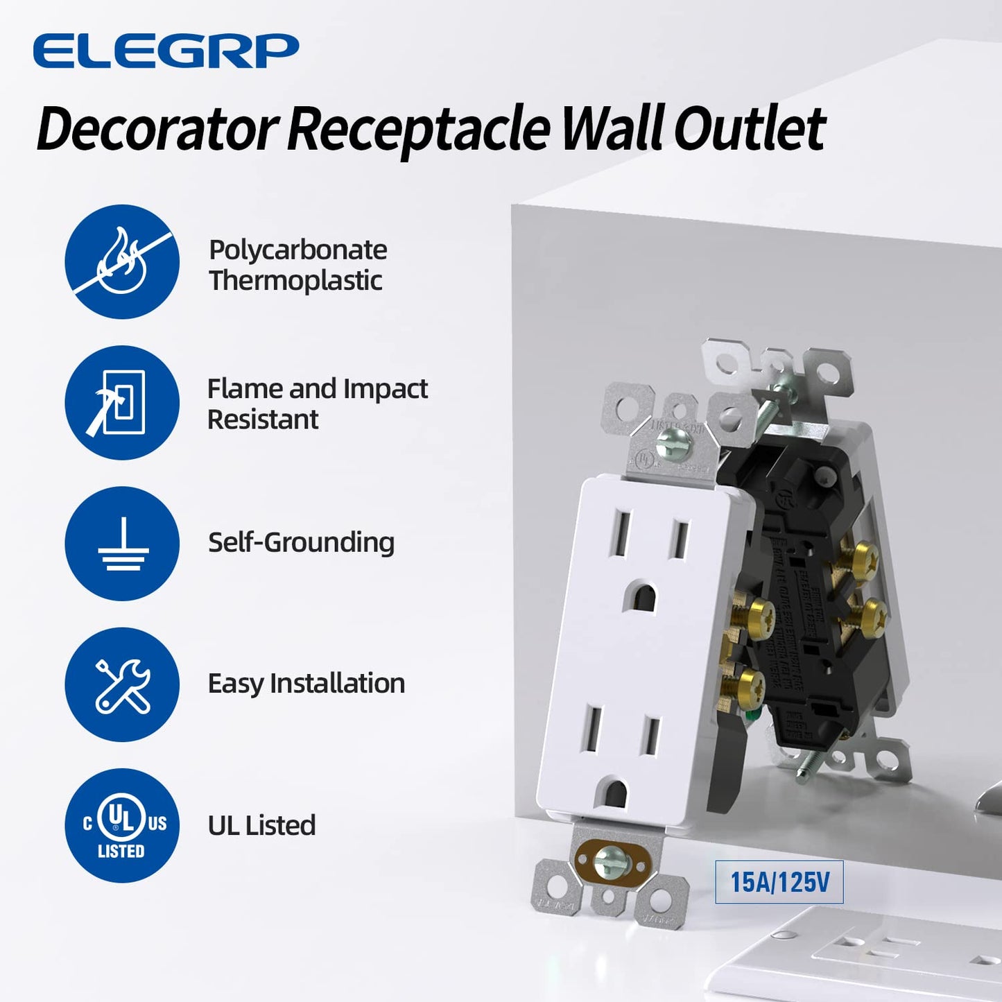 ELEGRP Decorative Outlets, 2 Pole 3 Wire Grounding, 15A 125V, TR or Standard Receptacle for Residential Use, Matte Finish (10 Pack)