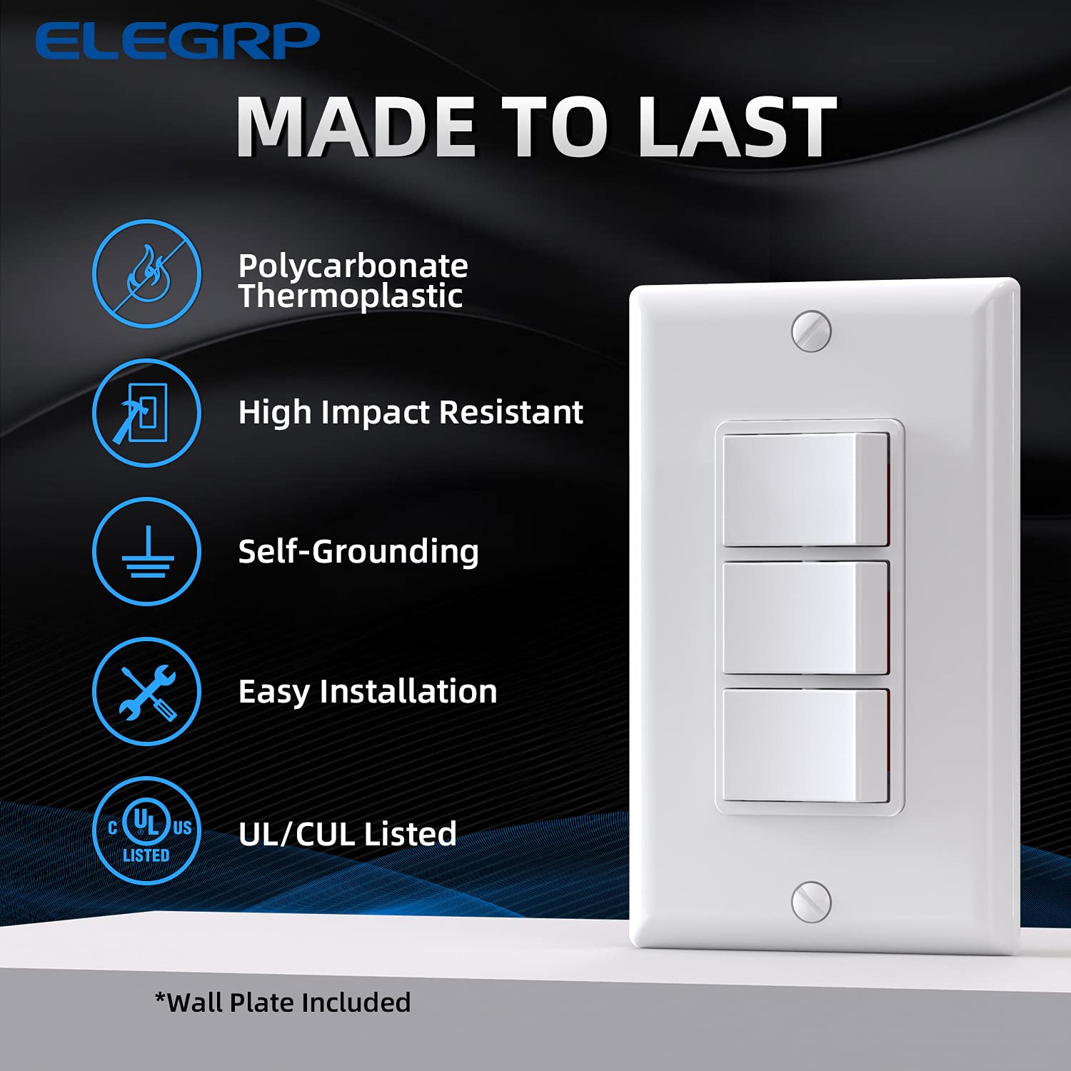 ELEGRP Combination Light Switch, 3 Single Pole Decorative Switches, 15A 125V, Wall Plate Included, Durable Thermoplastic, Easy Installation