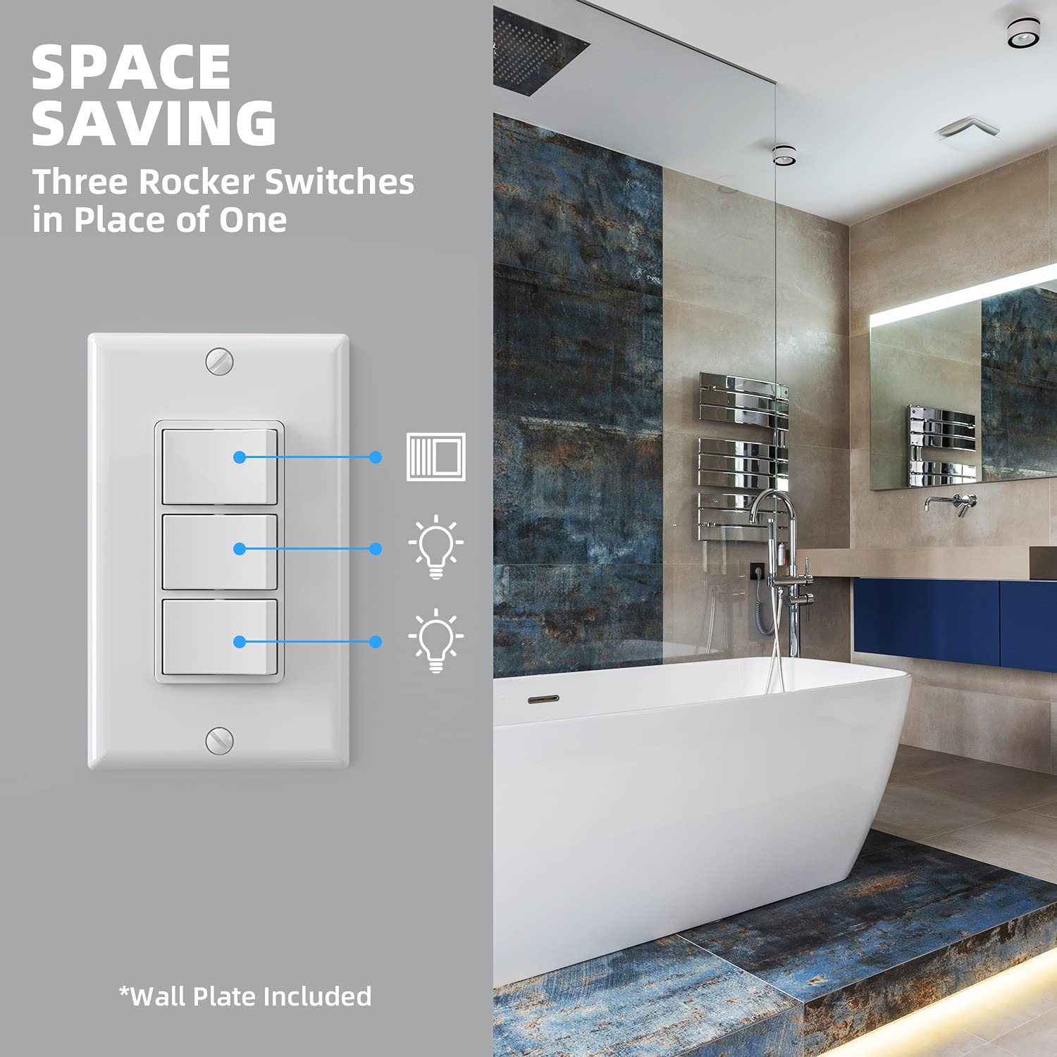 ELEGRP Combination Light Switch, 3 Single Pole Decorative Switches, 15A 125V, Wall Plate Included, Durable Thermoplastic, Easy Installation