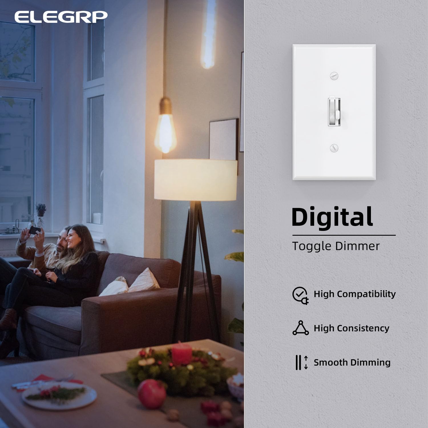 ELEGRP Digital Toggle Dimmer Switch, Single-Pole/3-Way, for LED, CFL, Incandescent Bulbs, Wall Plate Included, UL Listed