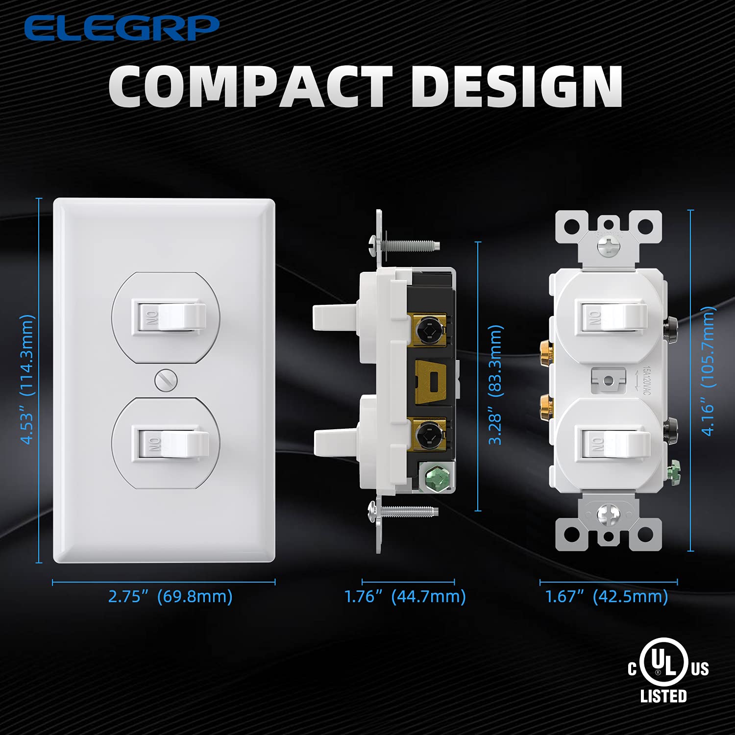 ELEGRP Double Toggle Light Switch, Dual Single-Pole Electrical Switch, 15A 120V, Self-Grounding, Wall Plate Included, UL Listed
