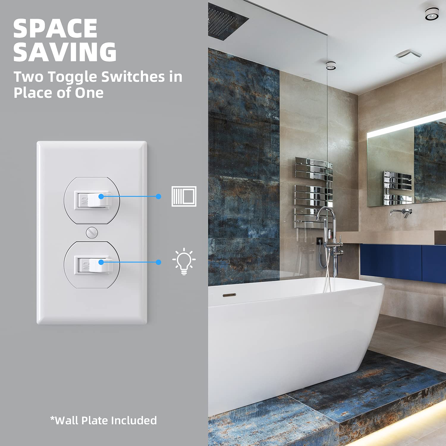 ELEGRP Double Toggle Light Switch, Dual Single-Pole Electrical Switch, 15A 120V, Self-Grounding, Wall Plate Included, UL Listed