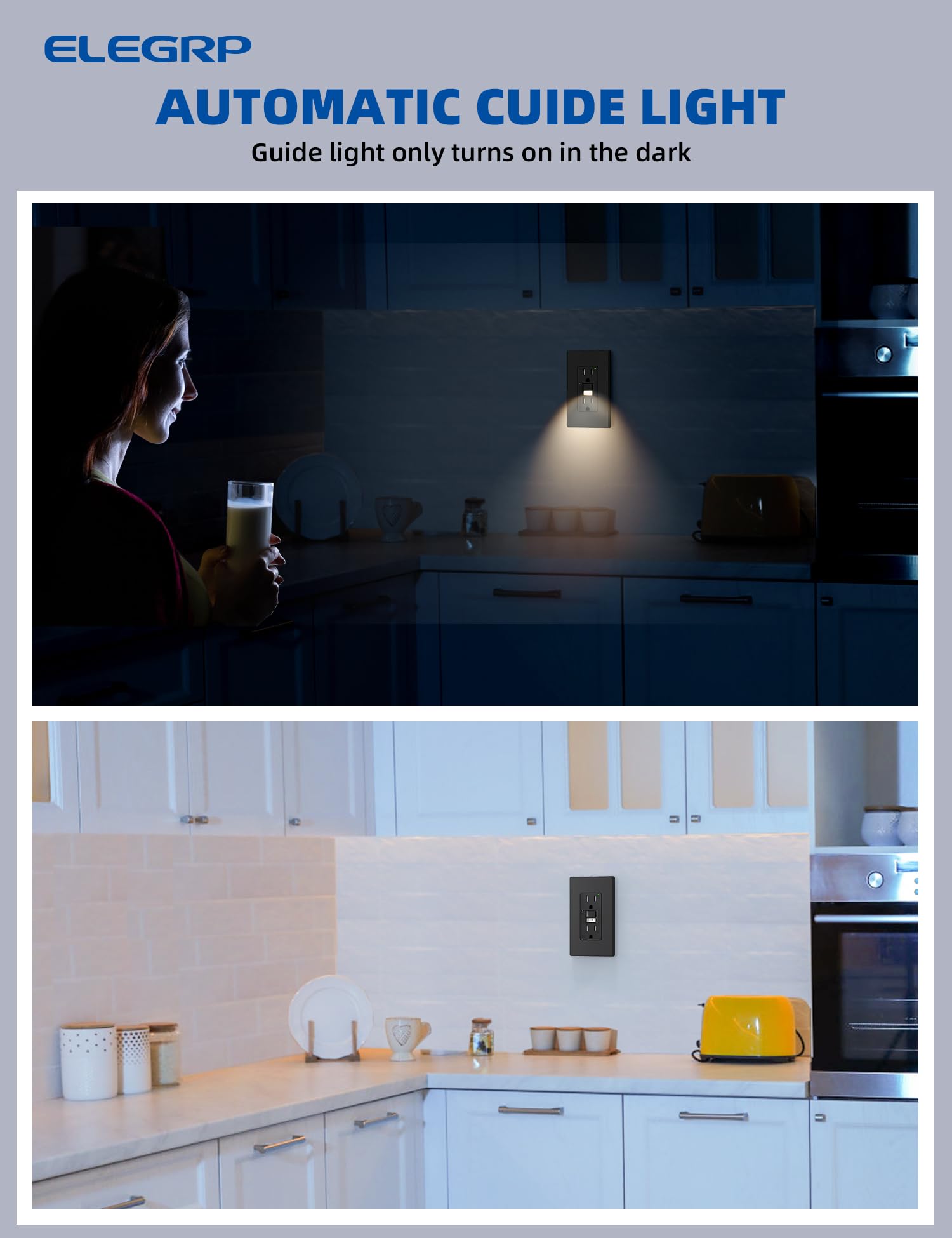 ELEGRP GFCI Outlet with Nightlight, Self-Test, Tamper-Resistant, 15A/20A, Slim Design, UL Listed, Wall Plate Included