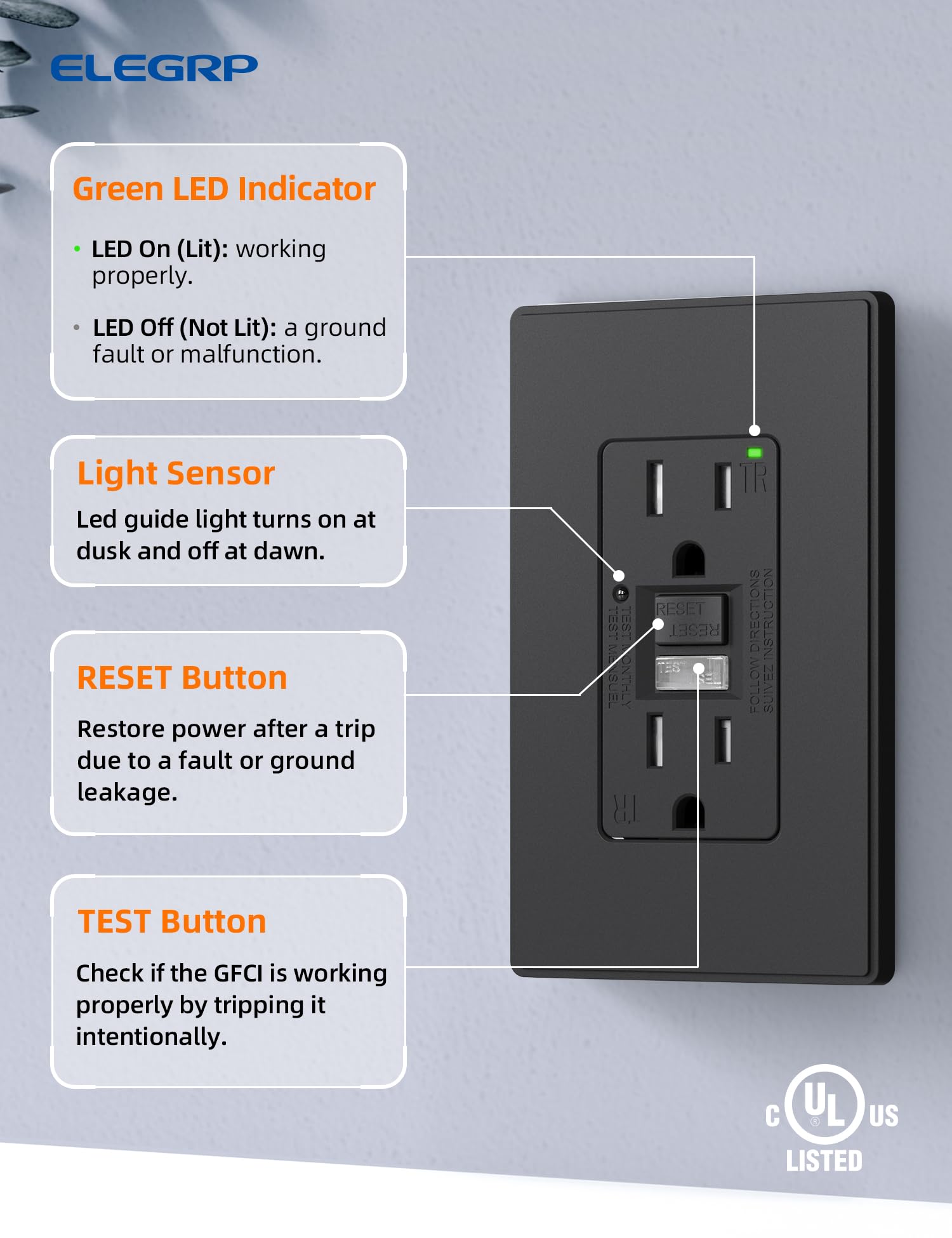 ELEGRP GFCI Outlet with Nightlight, Self-Test, Tamper-Resistant, 15A/20A, Slim Design, UL Listed, Wall Plate Included