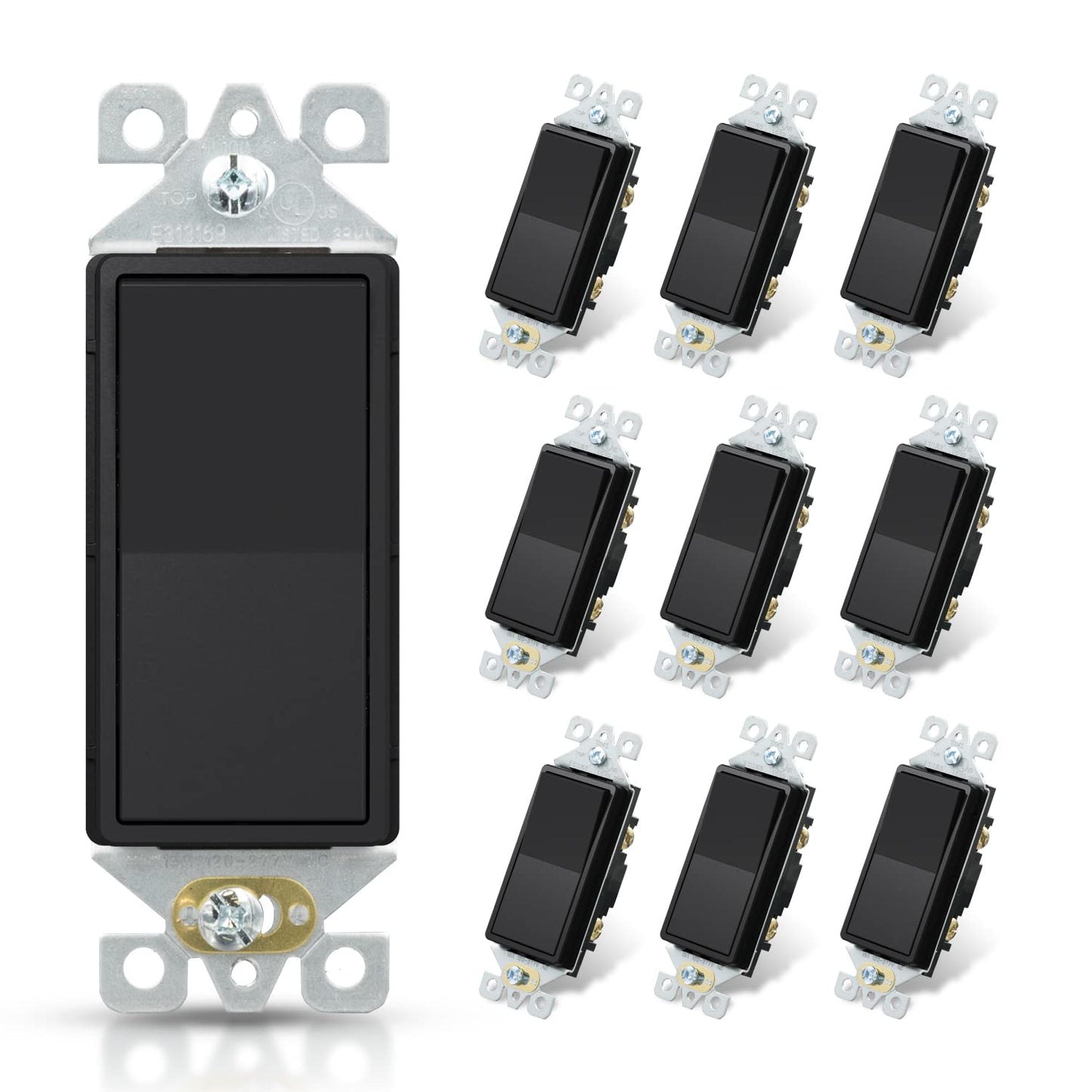 ELEGRP Standard Decorative Single Pole Light Switch, Self-Grounding, 15A 120-277V, Glossy/Matte White or Black, UL Listed, 10 Pack