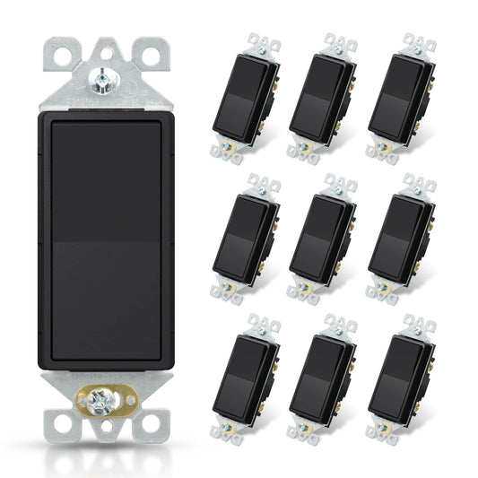 ELEGRP Standard Decorative Single Pole Light Switch, Self-Grounding, 15A 120-277V, Glossy/Matte White or Black, UL Listed, 10 Pack