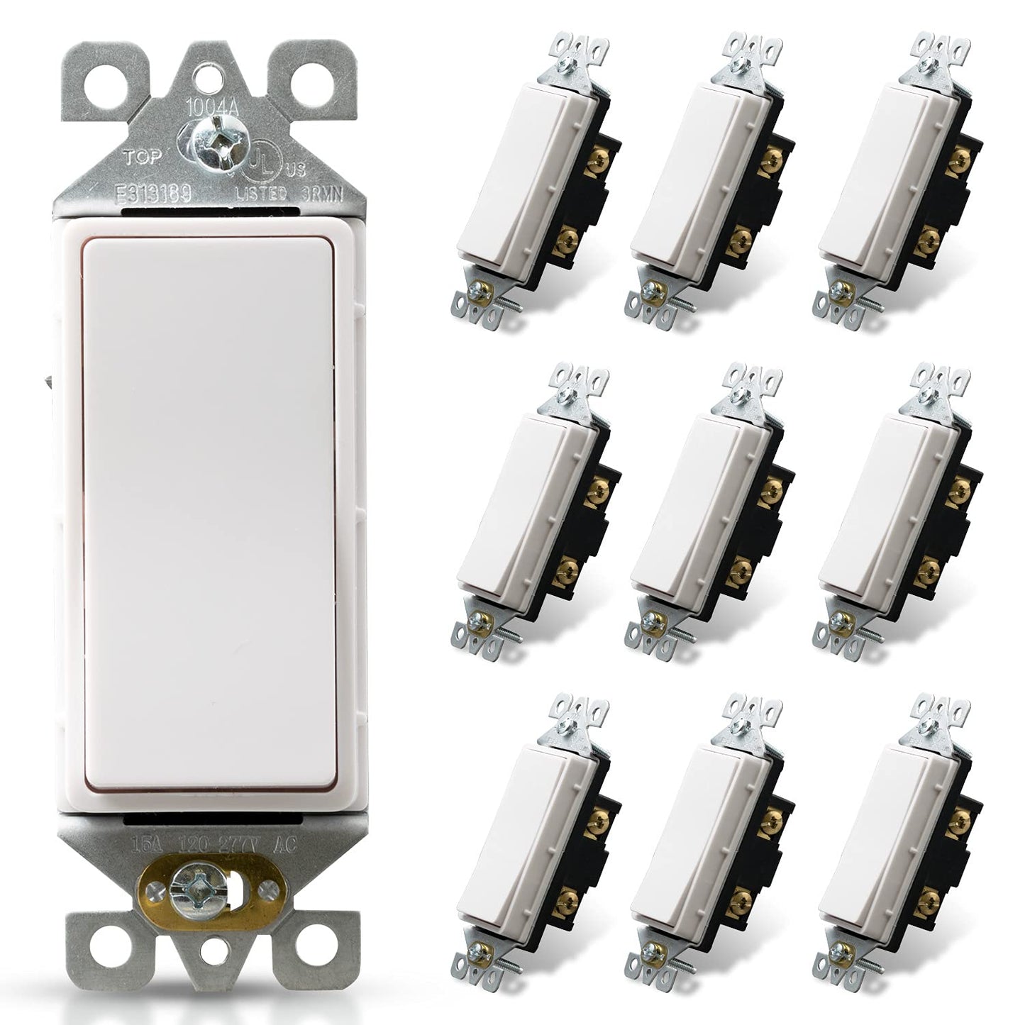 ELEGRP Standard Decorative Single Pole Light Switch, Self-Grounding, 15A 120-277V, Glossy/Matte White or Black, UL Listed, 10 Pack
