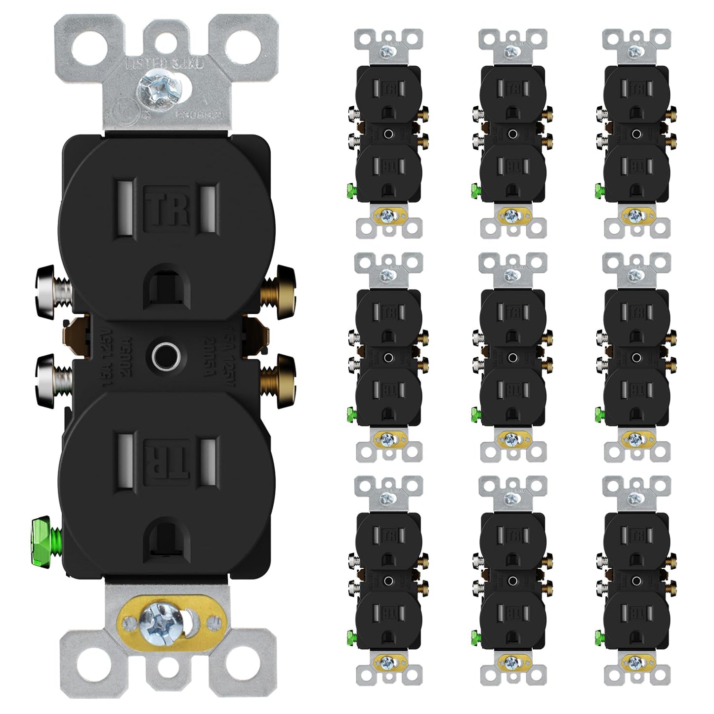 ELEGRP Tamper-Resistant Duplex Receptacle, 15A 125V, Self-Grounding Standard Wall Outlet, Residential Grade, UL Listed, White/Black