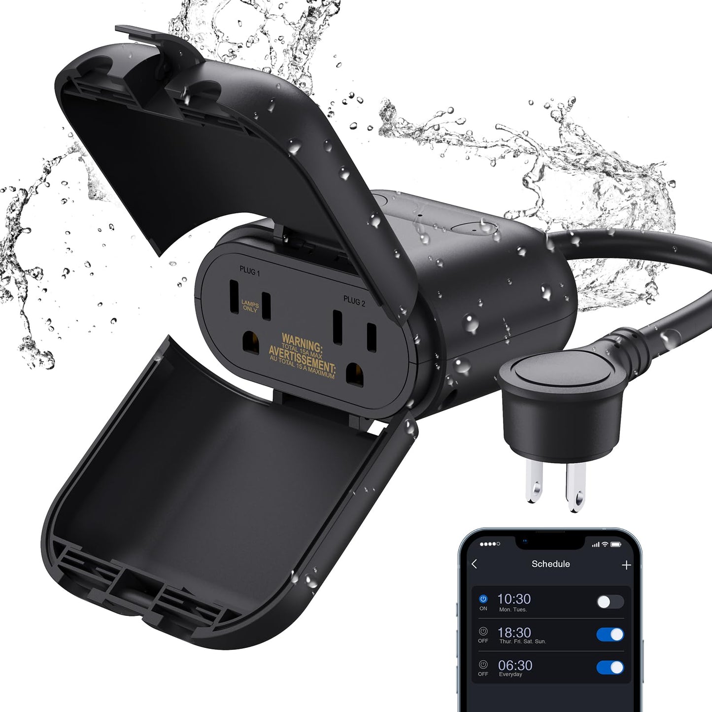 ELEGRP Outdoor Smart Dimmer Plug, IP66 Waterproof WiFi Plug with 2 Individually Controlled Sockets, Alexa & Google Assistant Compatible, String Light Dimmer