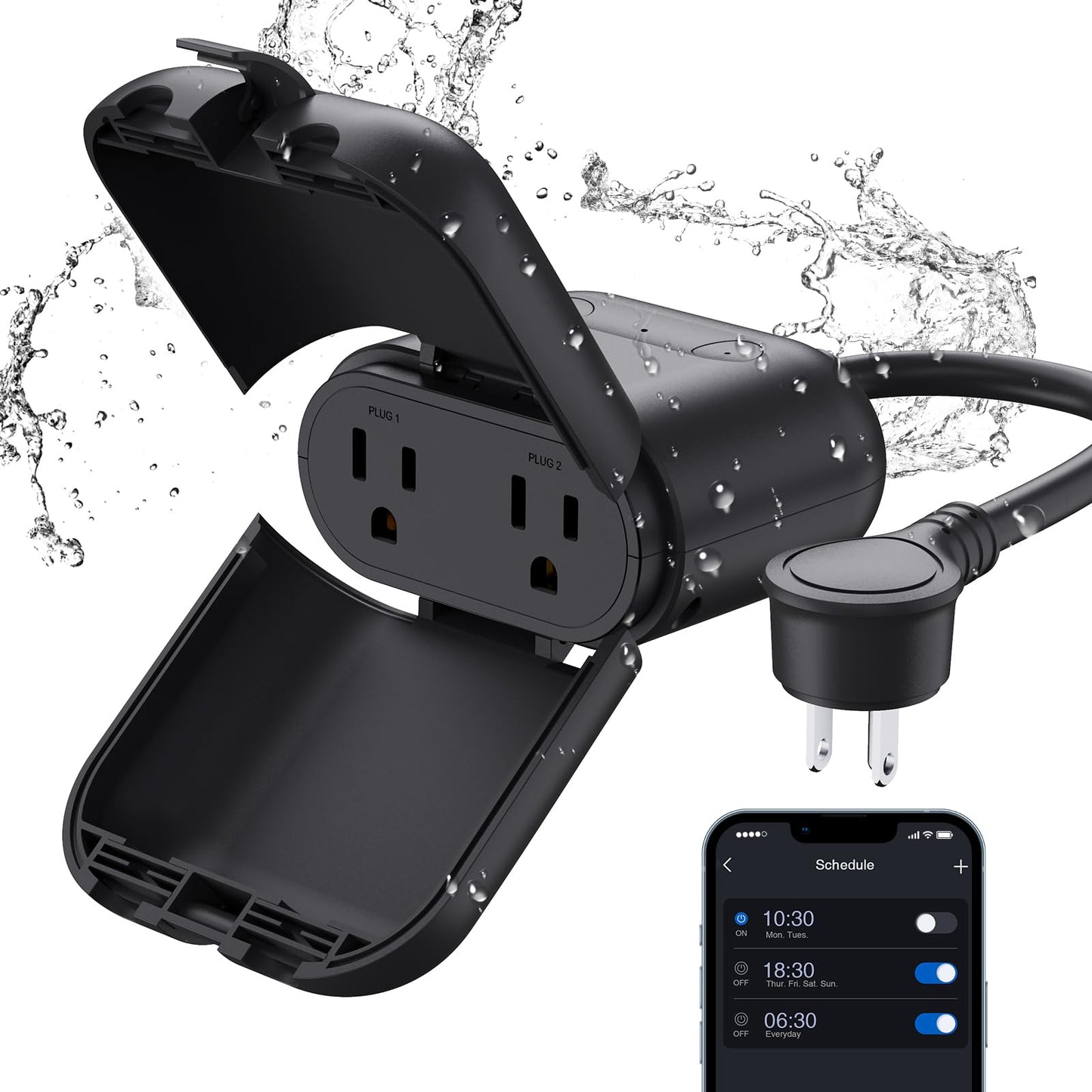 ELEGRP Outdoor Smart Dimmer Plug, IP66 Waterproof WiFi Plug with 2 Individually Controlled Sockets, Alexa & Google Assistant Compatible, String Light Dimmer