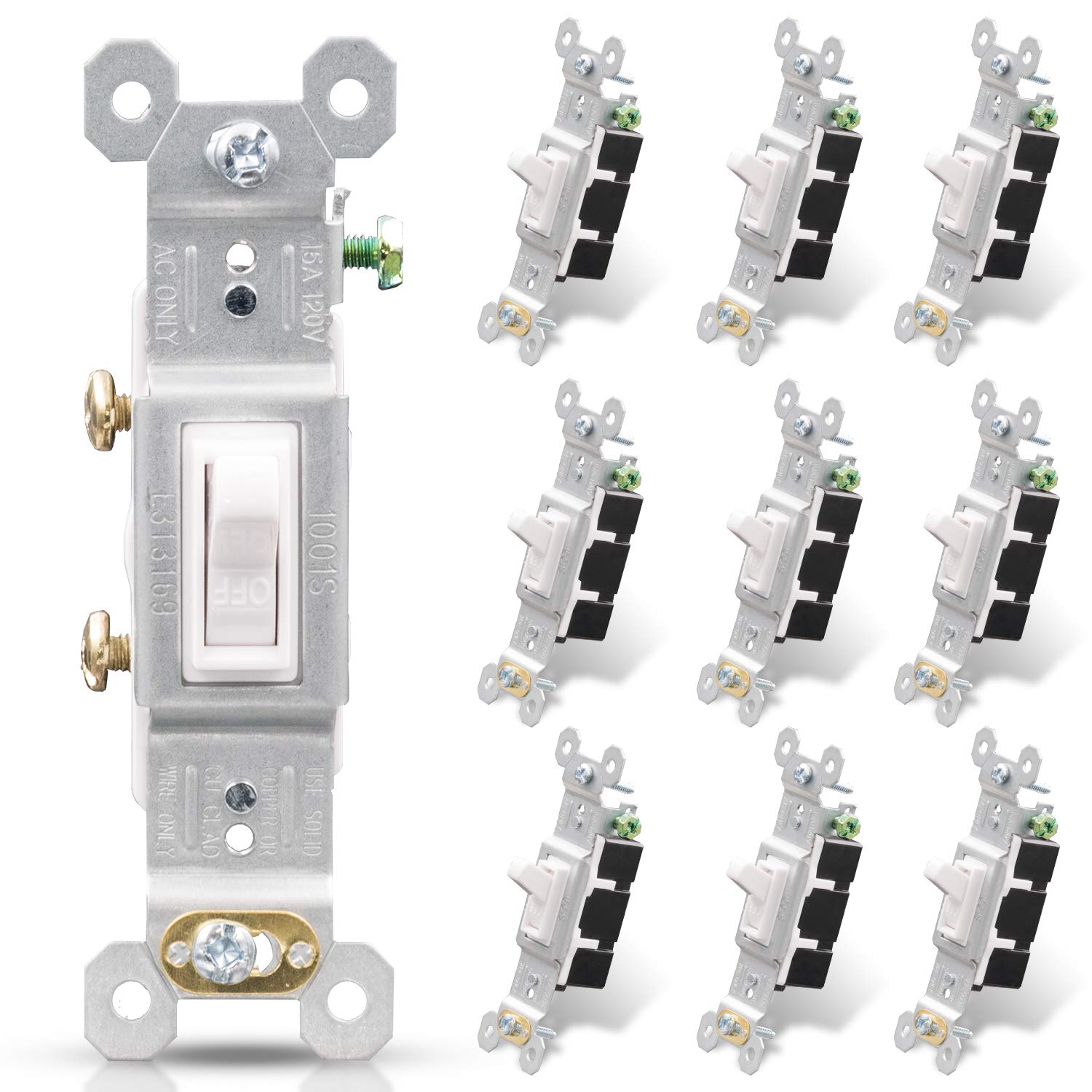 ELEGRP Single Pole Toggle Light Switch, 15 Amp, 120 Volt, Quiet AC Switch, Self-Grounding, Quick Push-in Wiring (10 Pack), UL Listed