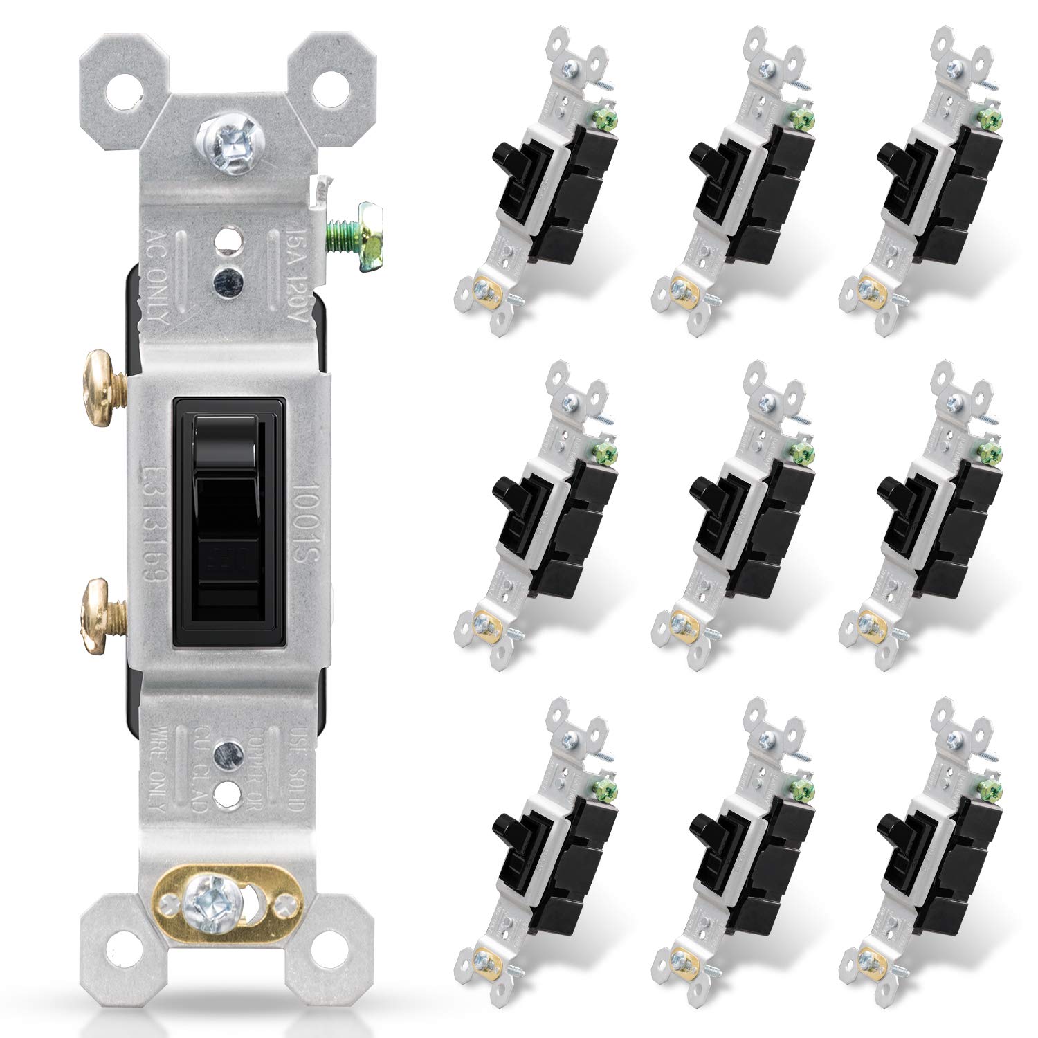 ELEGRP Single Pole Toggle Light Switch, 15 Amp, 120 Volt, Quiet AC Switch, Self-Grounding, Quick Push-in Wiring (10 Pack), UL Listed