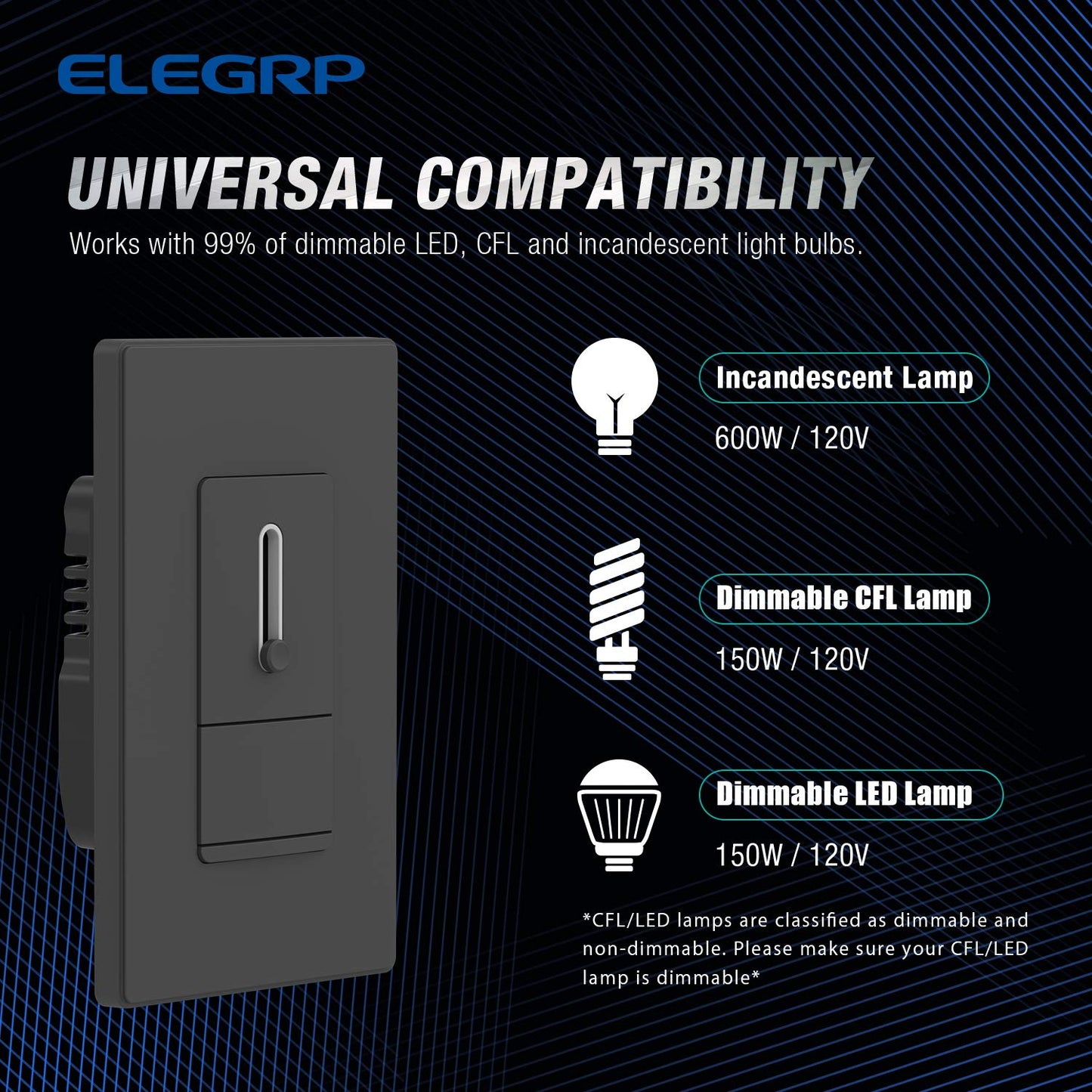 ELEGRP Slide Dimmer Switch, Single Pole or 3-Way, for LED, CFL, Incandescent Bulbs, Full Control with Preset, Rocker Paddle, Wall Plate Included
