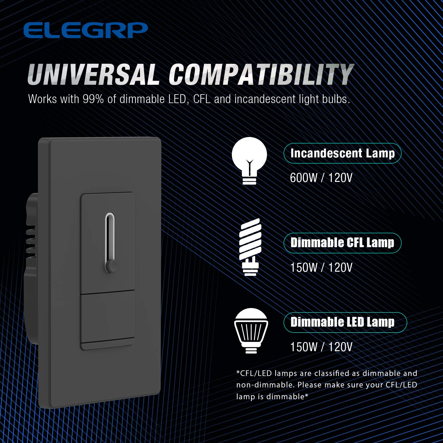 ELEGRP Slide Dimmer Switch, Single Pole or 3-Way, for LED, CFL, Incandescent Bulbs, Full Control with Preset, Rocker Paddle, Wall Plate Included