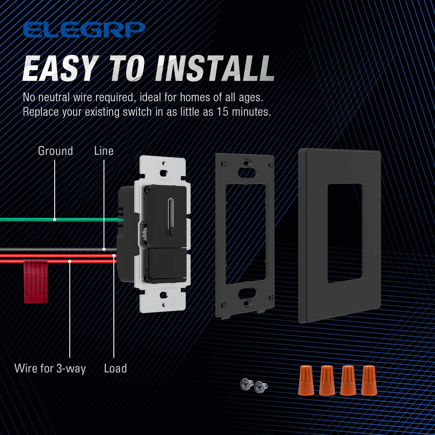 ELEGRP Slide Dimmer Switch, Single Pole or 3-Way, for LED, CFL, Incandescent Bulbs, Full Control with Preset, Rocker Paddle, Wall Plate Included