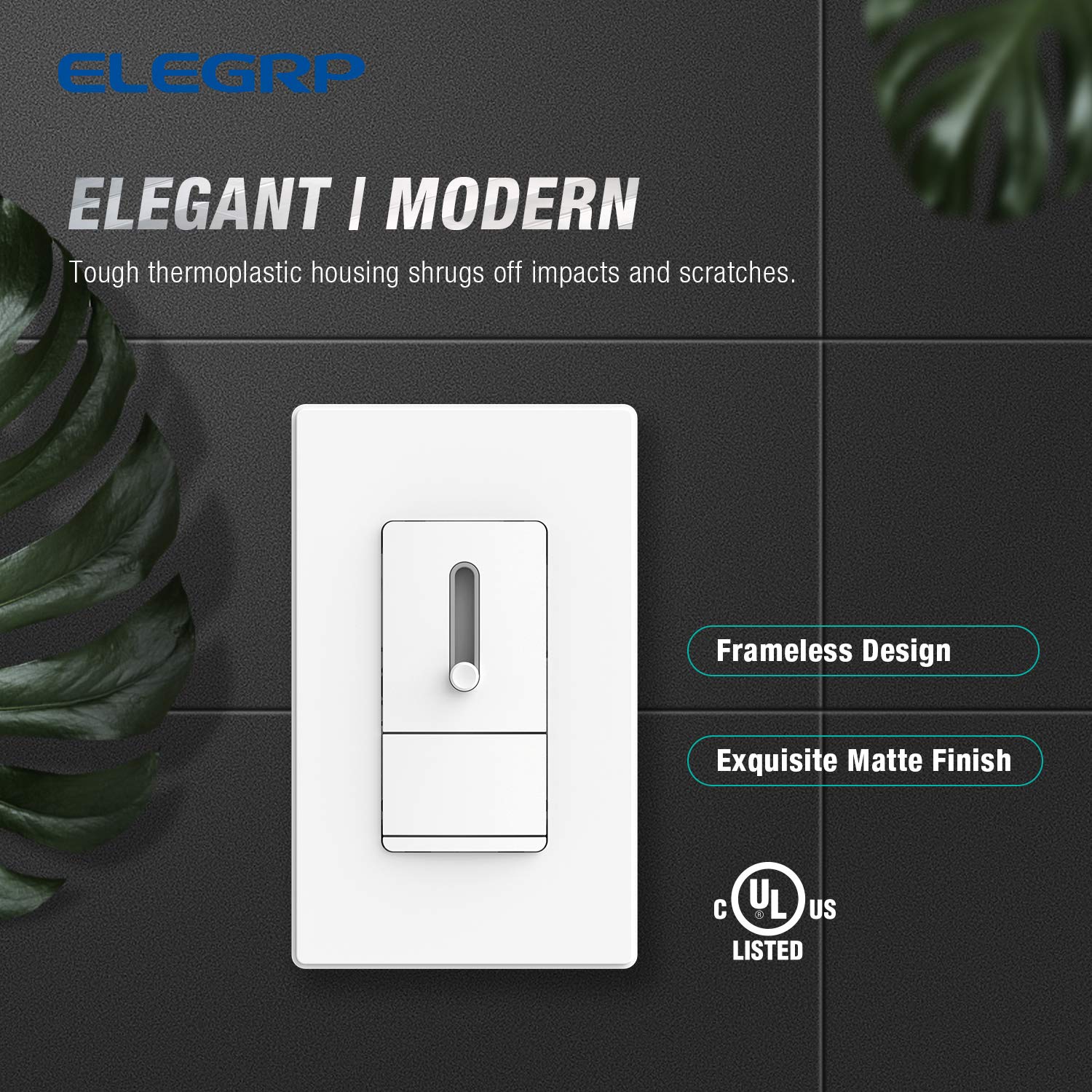 ELEGRP Slide Dimmer Switch, Single Pole or 3-Way, for LED, CFL, Incandescent Bulbs, Full Control with Preset, Rocker Paddle, Wall Plate Included