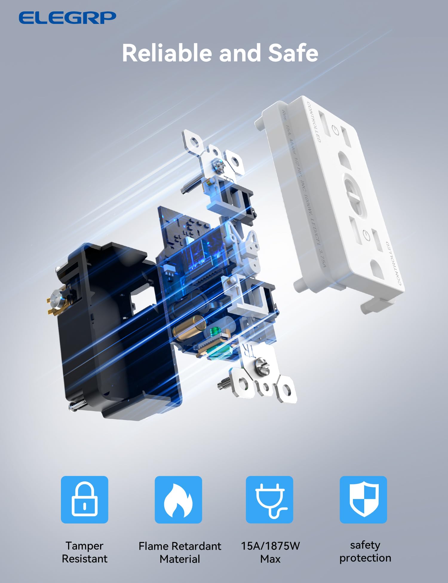 ELEGRP Smart In-Wall Outlet, 2.4GHz Wi-Fi Receptacle, Alexa & Google Assistant Compatible, 2 Individually Controlled Outlets, UL Listed