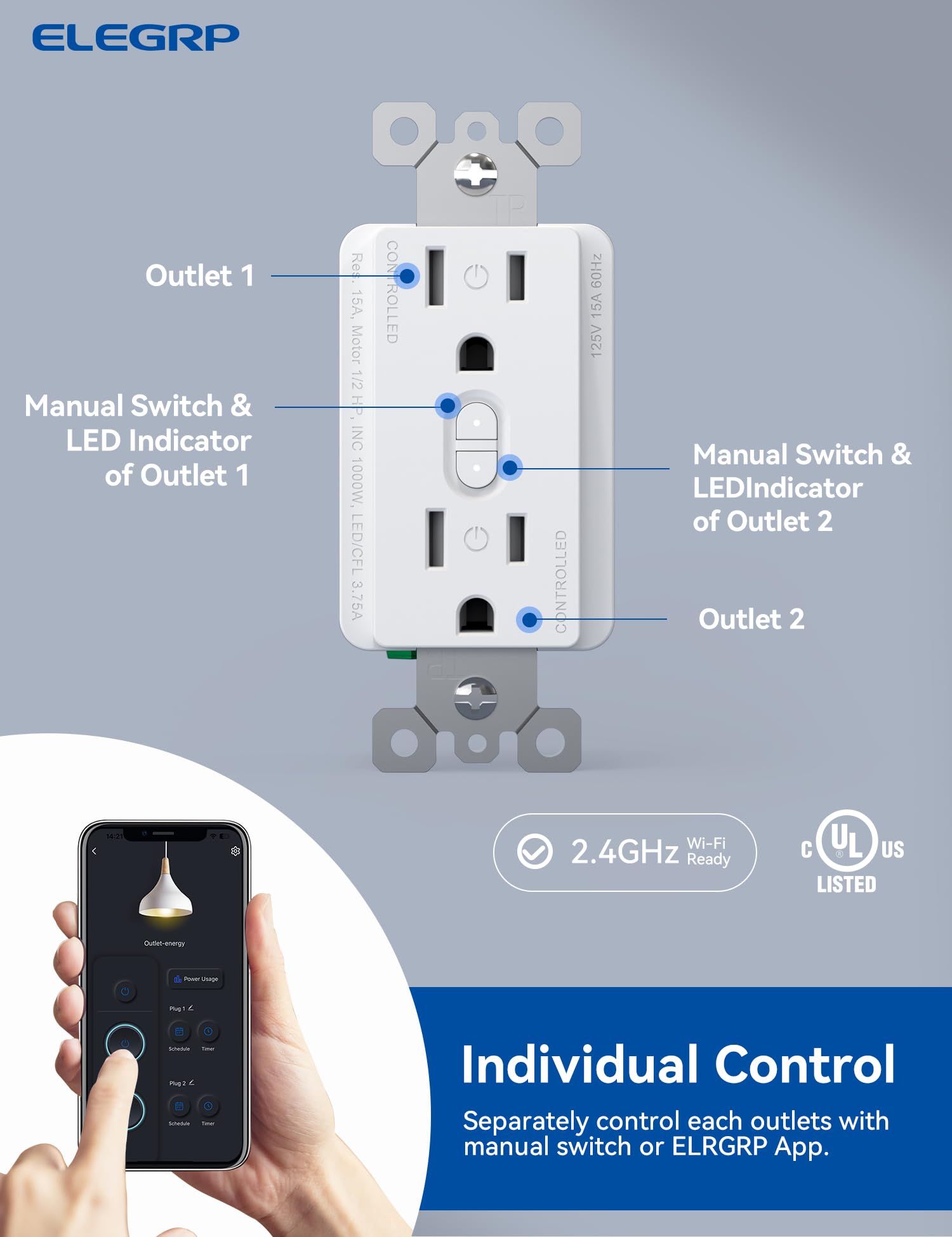 ELEGRP Smart In-Wall Outlet, 2.4GHz Wi-Fi Receptacle, Alexa & Google Assistant Compatible, 2 Individually Controlled Outlets, UL Listed