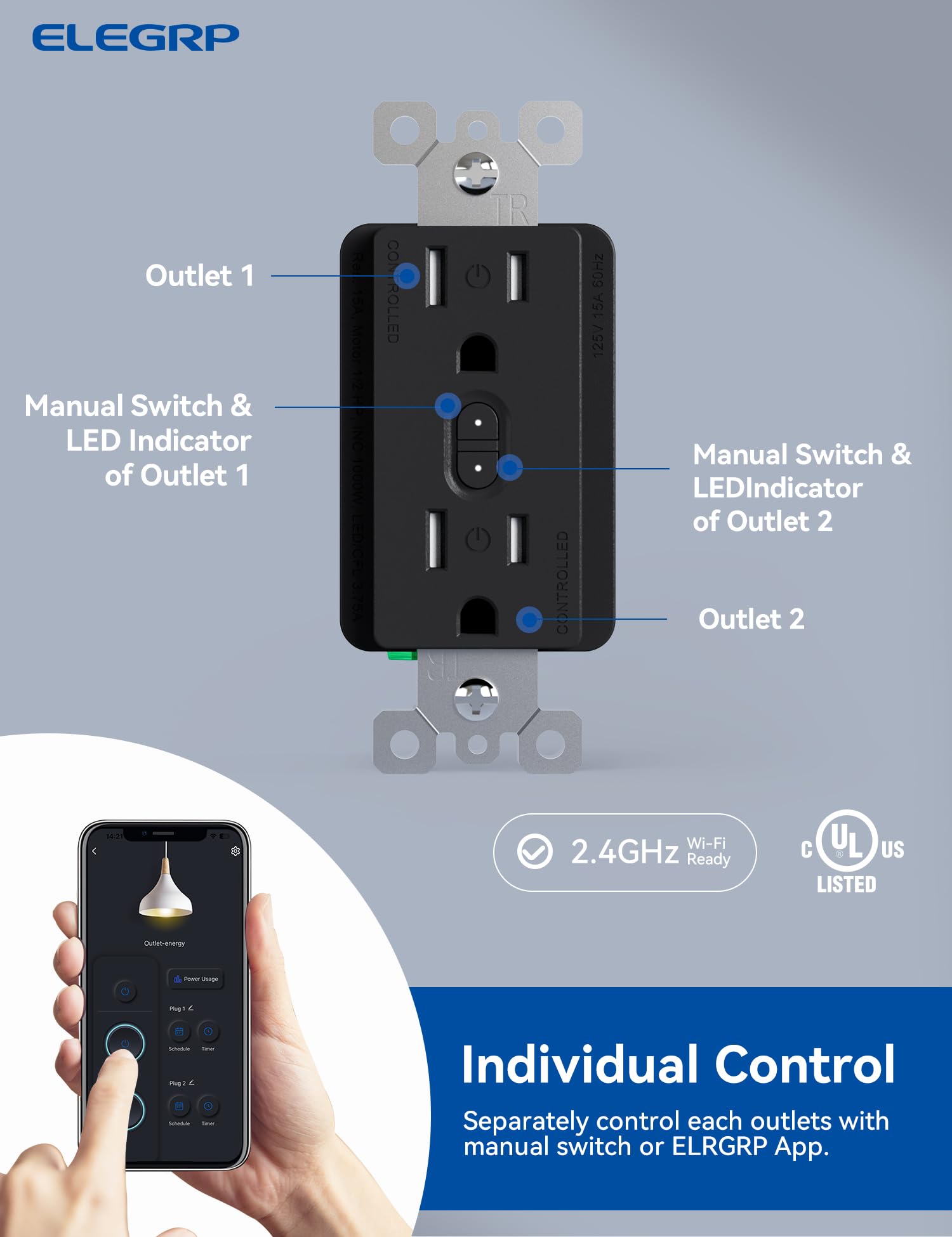 ELEGRP Smart In-Wall Outlet, 2.4GHz Wi-Fi Receptacle, Alexa & Google Assistant Compatible, 2 Individually Controlled Outlets, UL Listed