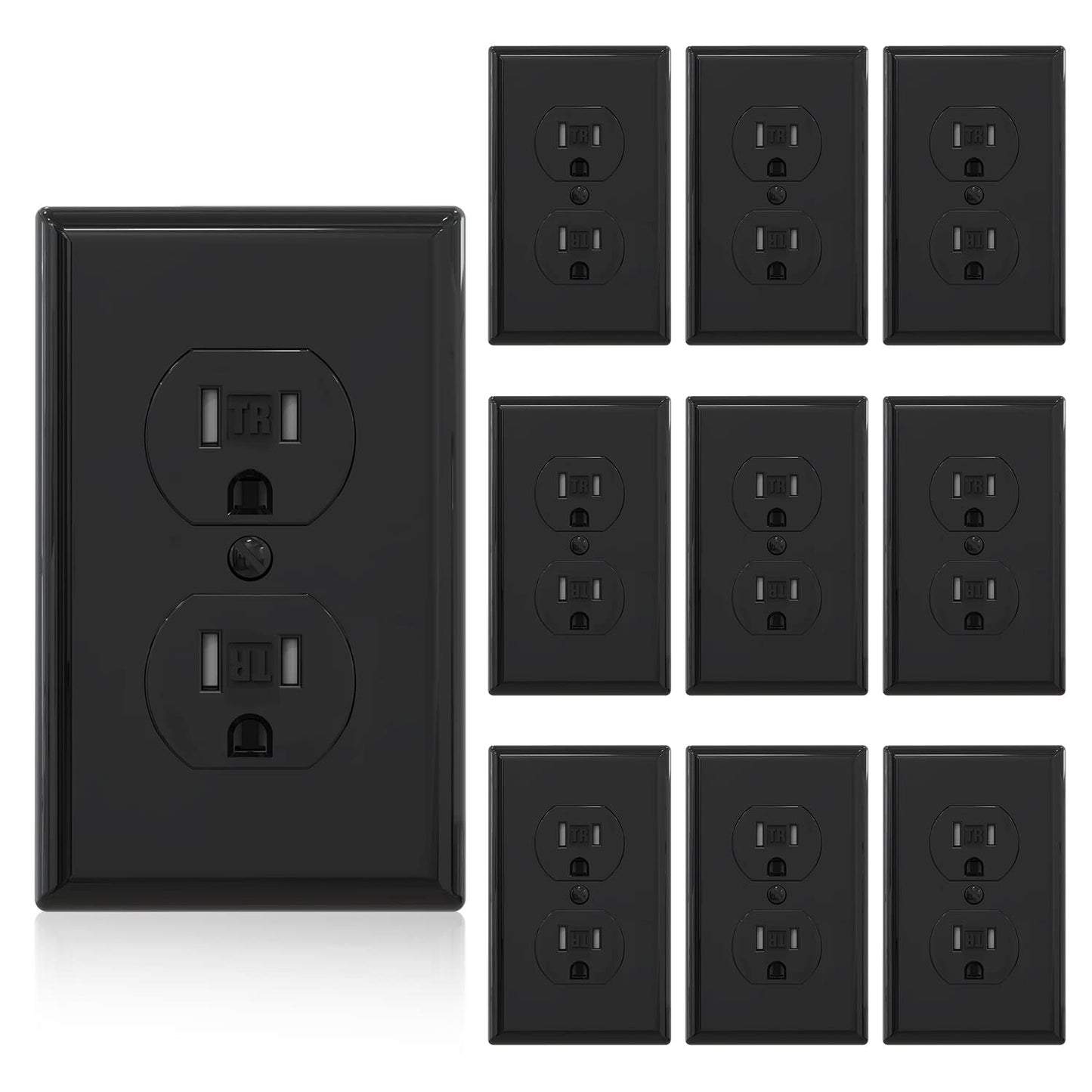 ELEGRP Tamper-Resistant Duplex Receptacle, 15A 125V, Self-Grounding Standard Wall Outlet, Residential Grade, UL Listed, White/Black